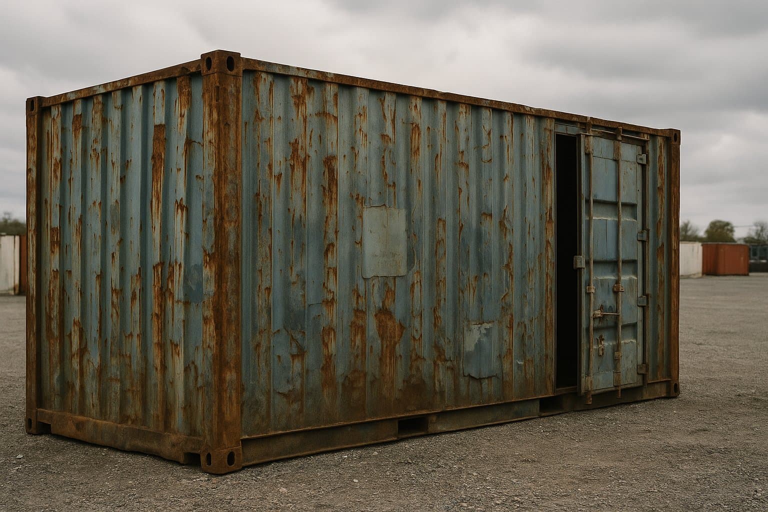 A heavily weathered, rust-streaked used shipping container on a gravel depot lot, representing a cheap as-is grade unit