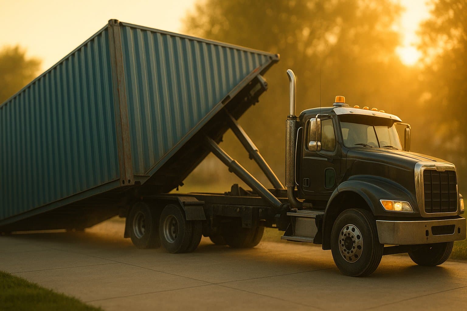 Tilt-bed flatbed truck mid-delivery of a 40ft shipping container at golden hour