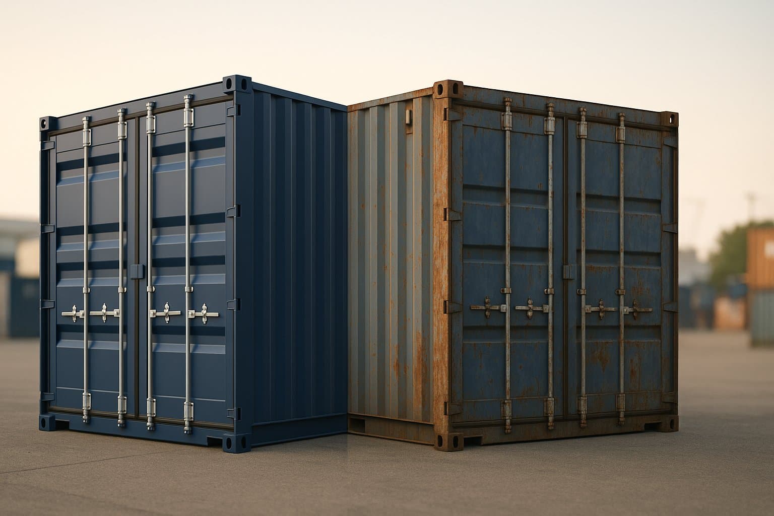 Two 40ft shipping containers side by side: a pristine one-trip IICL unit next to a used Wind & Watertight container, showing visible grading differences