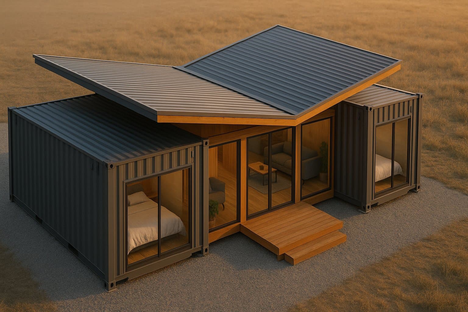 Two 40ft high-cube shipping containers joined with a butterfly-roof glass infill, a typical container home floor plan layout