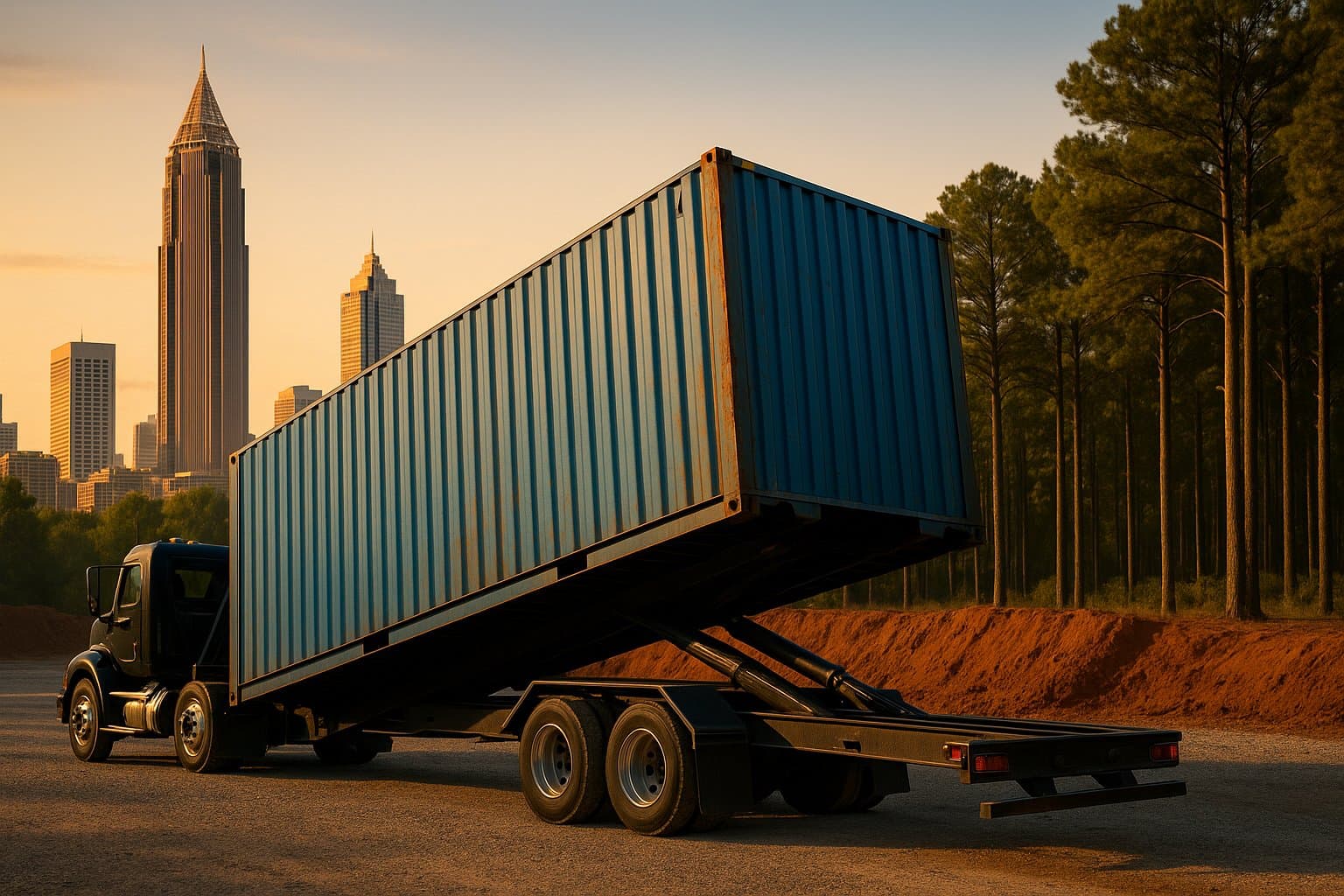40ft shipping container being tilt-bed delivered in metro Atlanta, Georgia on red clay with Southern pines and the downtown Atlanta skyline at golden hour