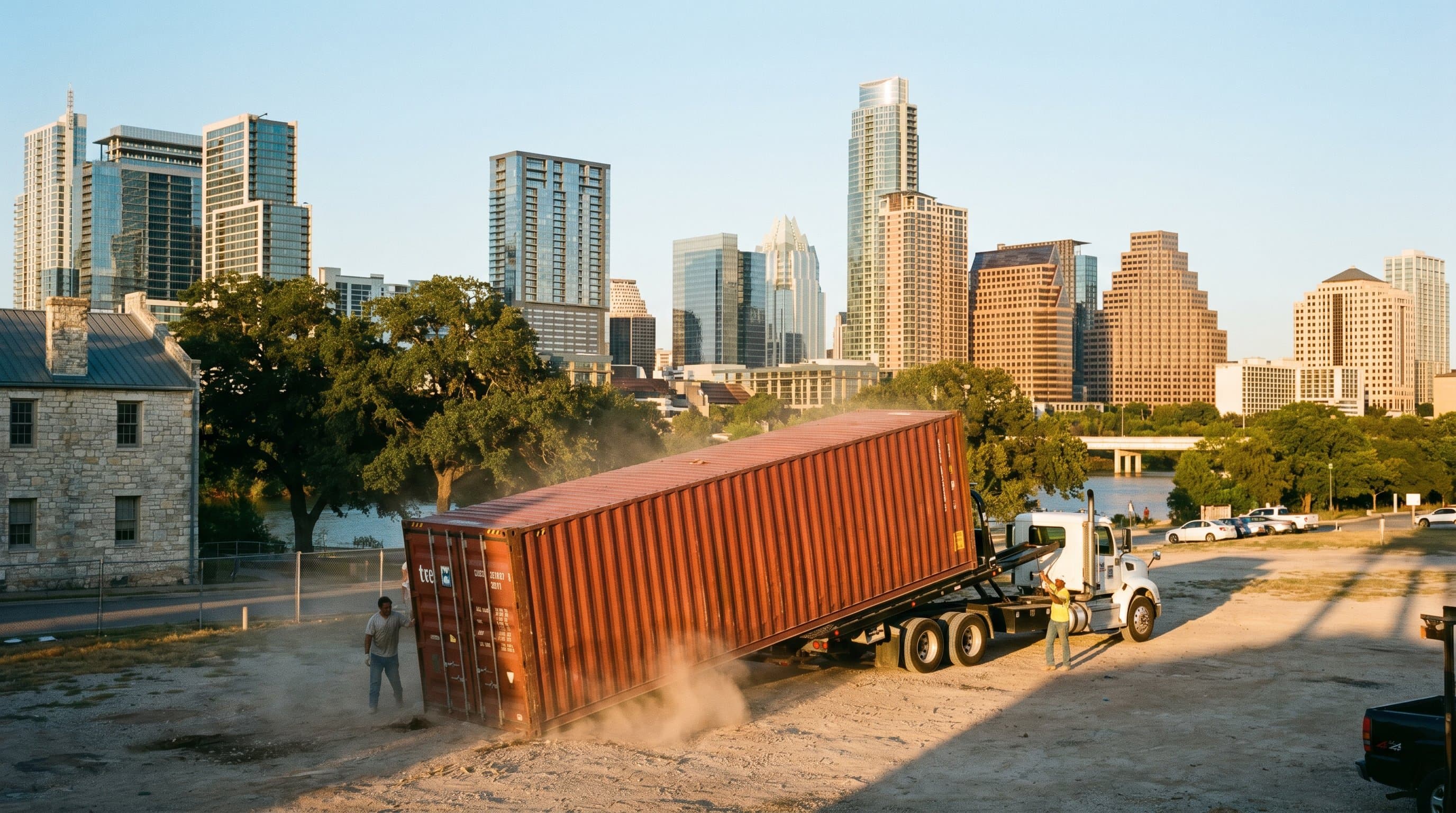 40ft shipping container being tilt-bed delivered to an East Austin lot with the downtown Austin skyline including the Frost Bank Tower, the Texas State Capitol dome, live oaks, and the Colorado River in warm hill-country light
