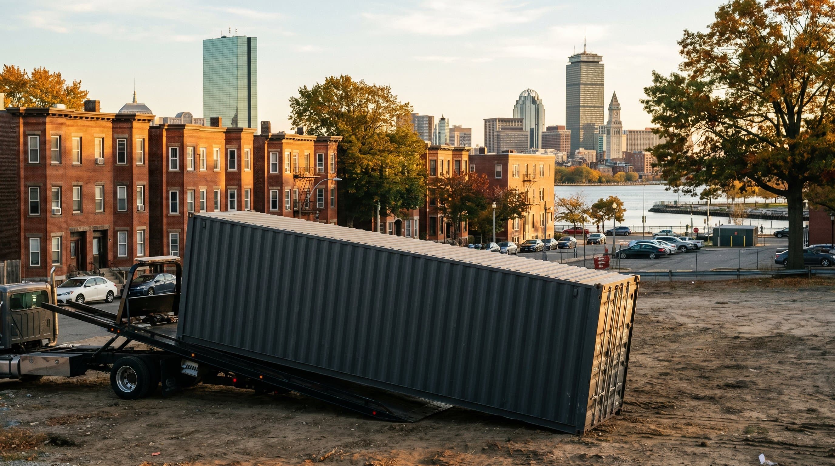 40ft shipping container being tilt-bed delivered to a South Boston lot with red-brick triple-deckers and the downtown Boston skyline across the Harbor in warm New England afternoon light