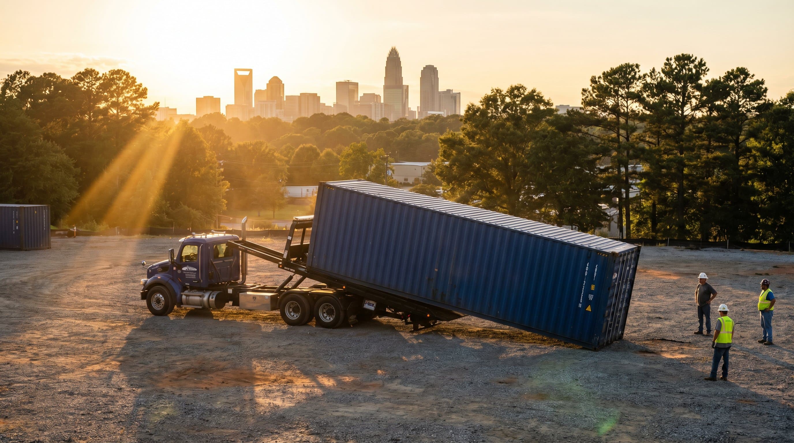 40ft shipping container being tilt-bed delivered to a Charlotte North Carolina industrial lot with the Charlotte uptown skyline including the Bank of America Corporate Center, Piedmont rolling hills, and mature pines in warm Carolina afternoon light