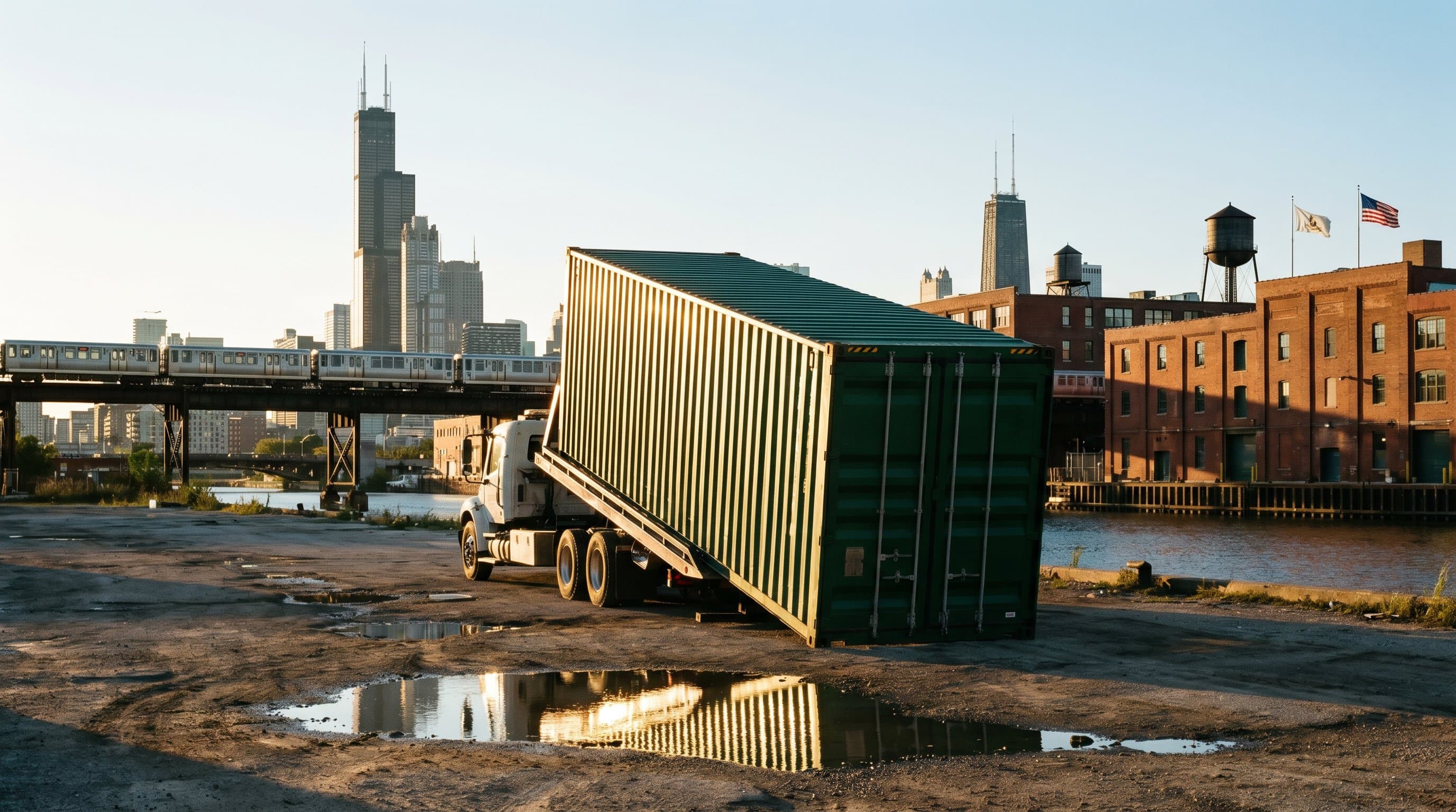 40ft shipping container being tilt-bed delivered to a Chicago industrial lot with the downtown Loop skyline, Willis Tower, and the elevated L train visible in the Midwestern late-afternoon sun
