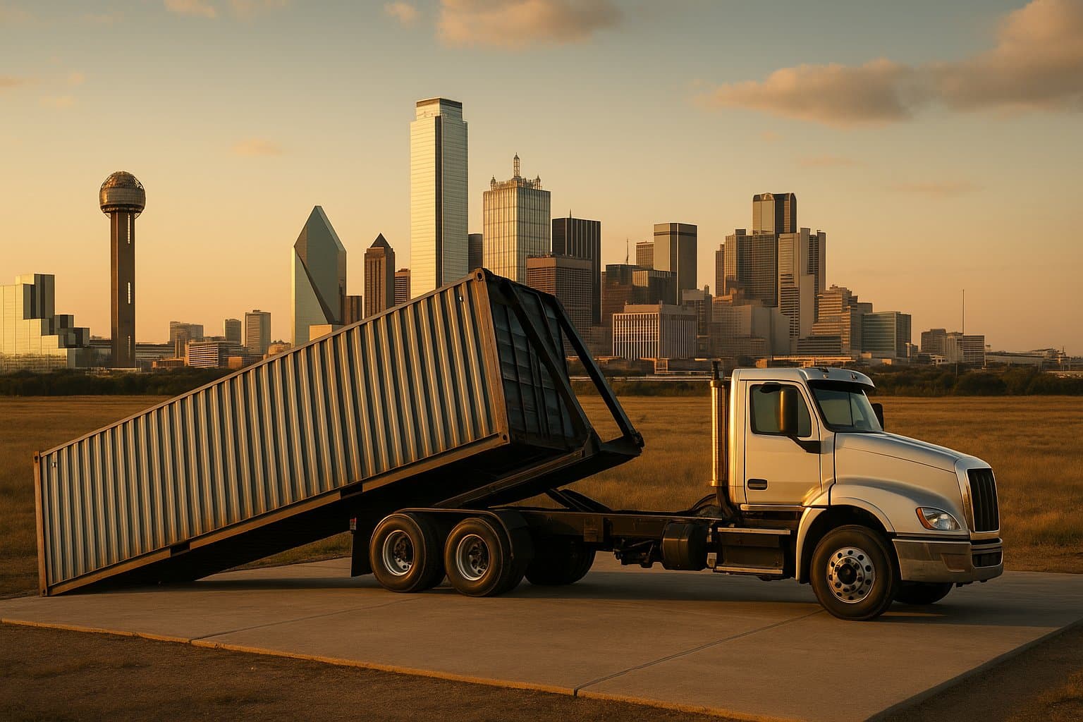 40ft shipping container being tilt-bed delivered in Dallas-Fort Worth with Reunion Tower and the downtown Dallas skyline at golden hour