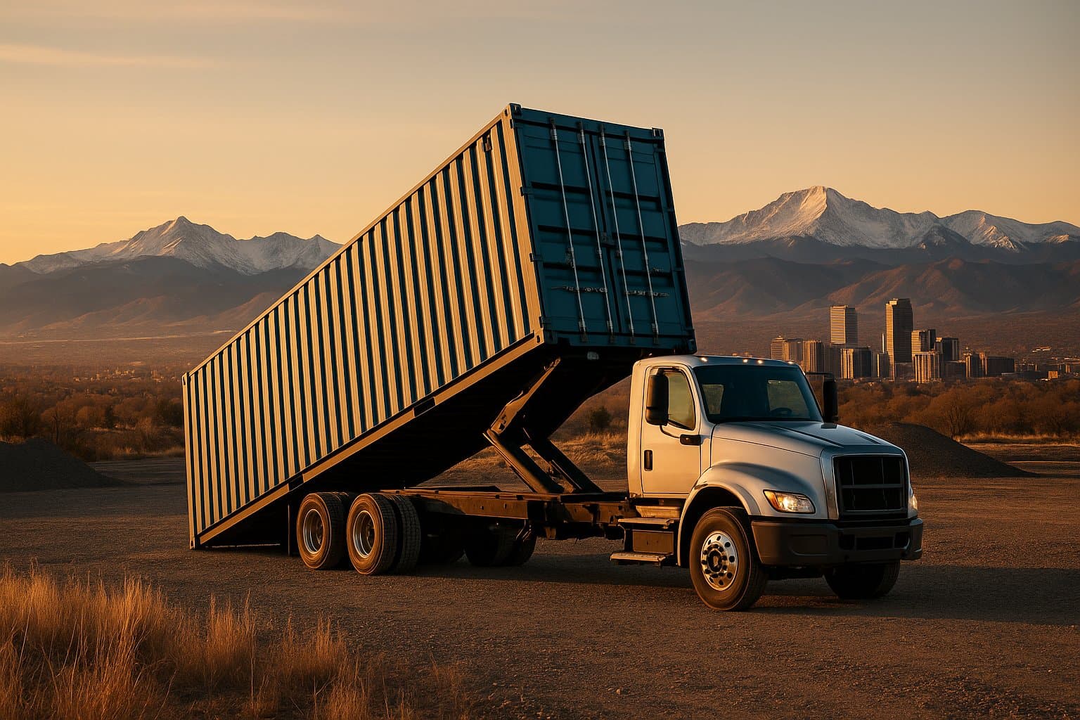 40ft shipping container being tilt-bed delivered along Colorado's Front Range with the snow-capped Rocky Mountains and the Denver skyline in crisp high-altitude light