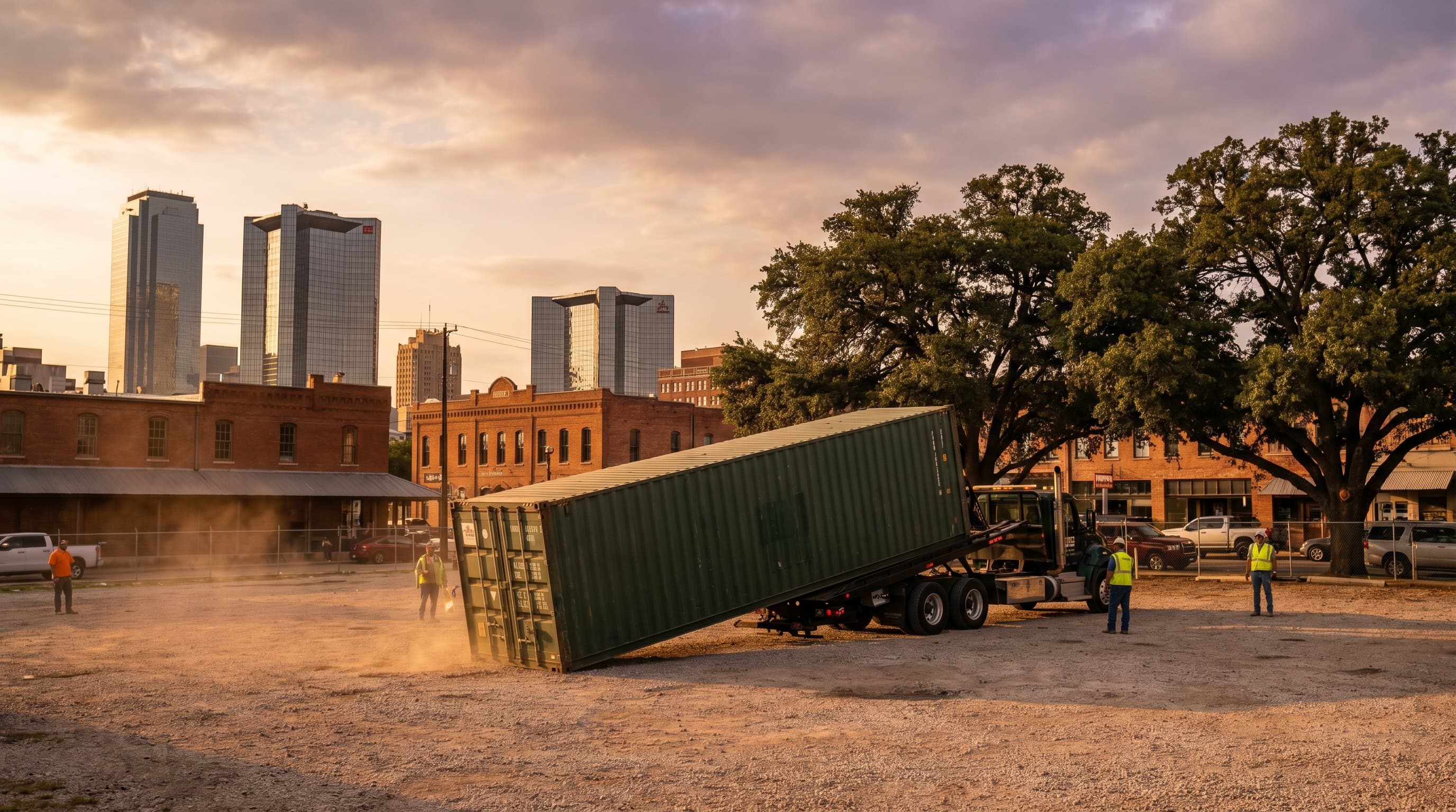 40ft shipping container being tilt-bed delivered to a Fort Worth Texas industrial lot near the Stockyards with the downtown Fort Worth skyline, western brick architecture, and mature pecan trees in warm north-Texas afternoon light