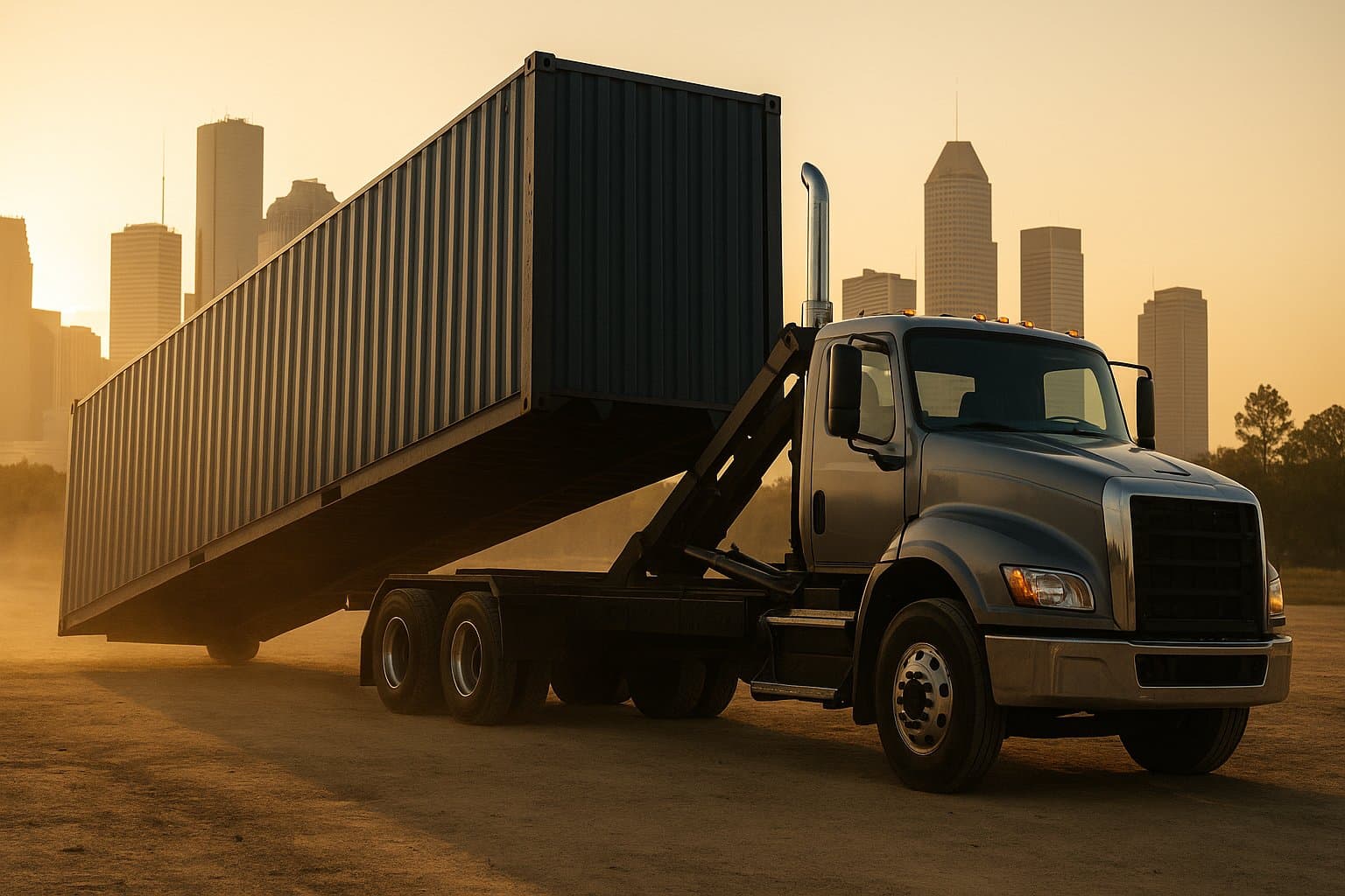40ft shipping container being tilt-bed delivered in Houston, Texas with the downtown Houston skyline and Gulf-coast pines at golden hour