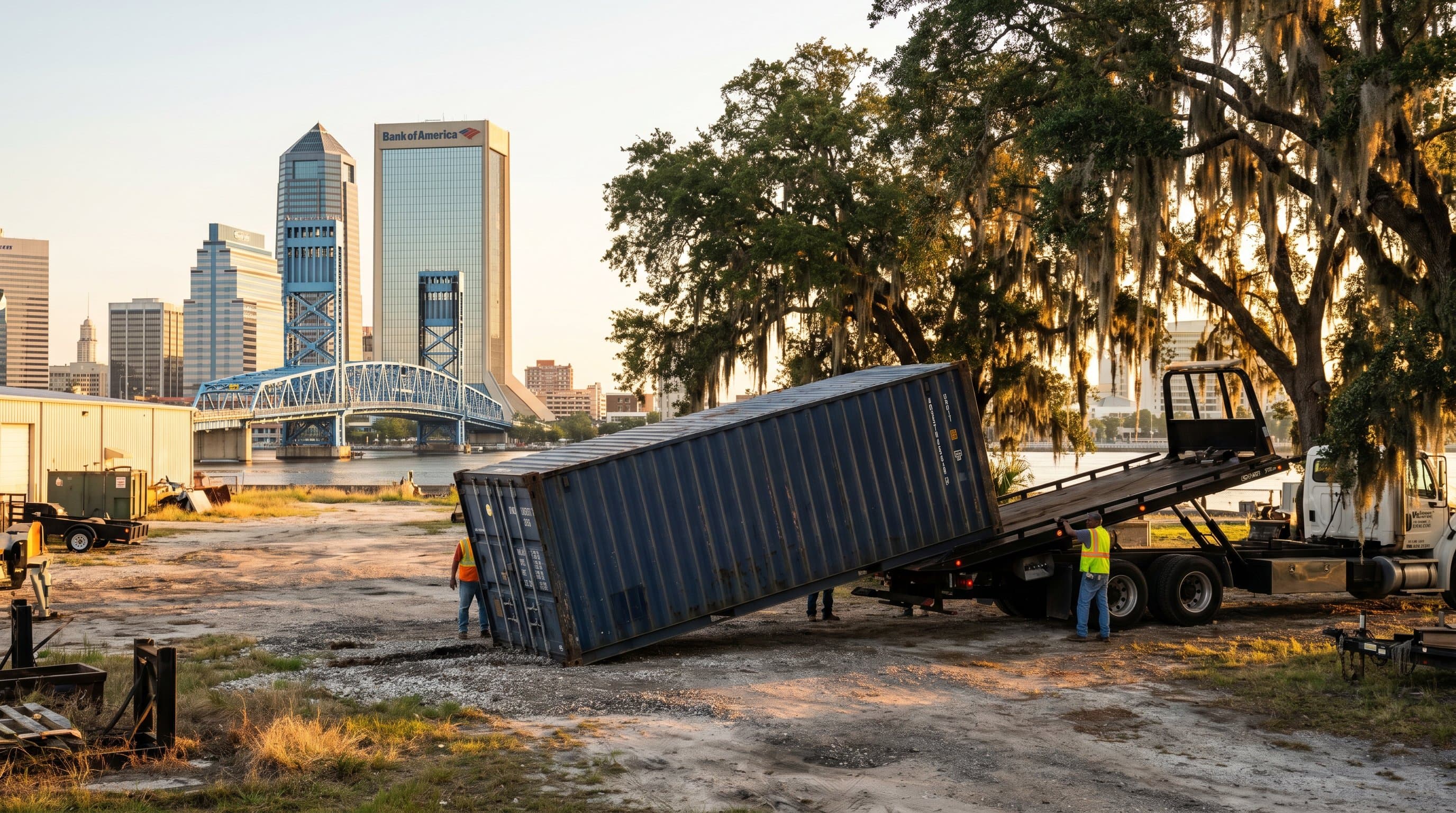 40ft shipping container being tilt-bed delivered to a Jacksonville Florida industrial lot near the St. Johns River with the downtown Jax skyline, the Main Street Bridge, and mature oaks with Spanish moss in warm north-Florida light