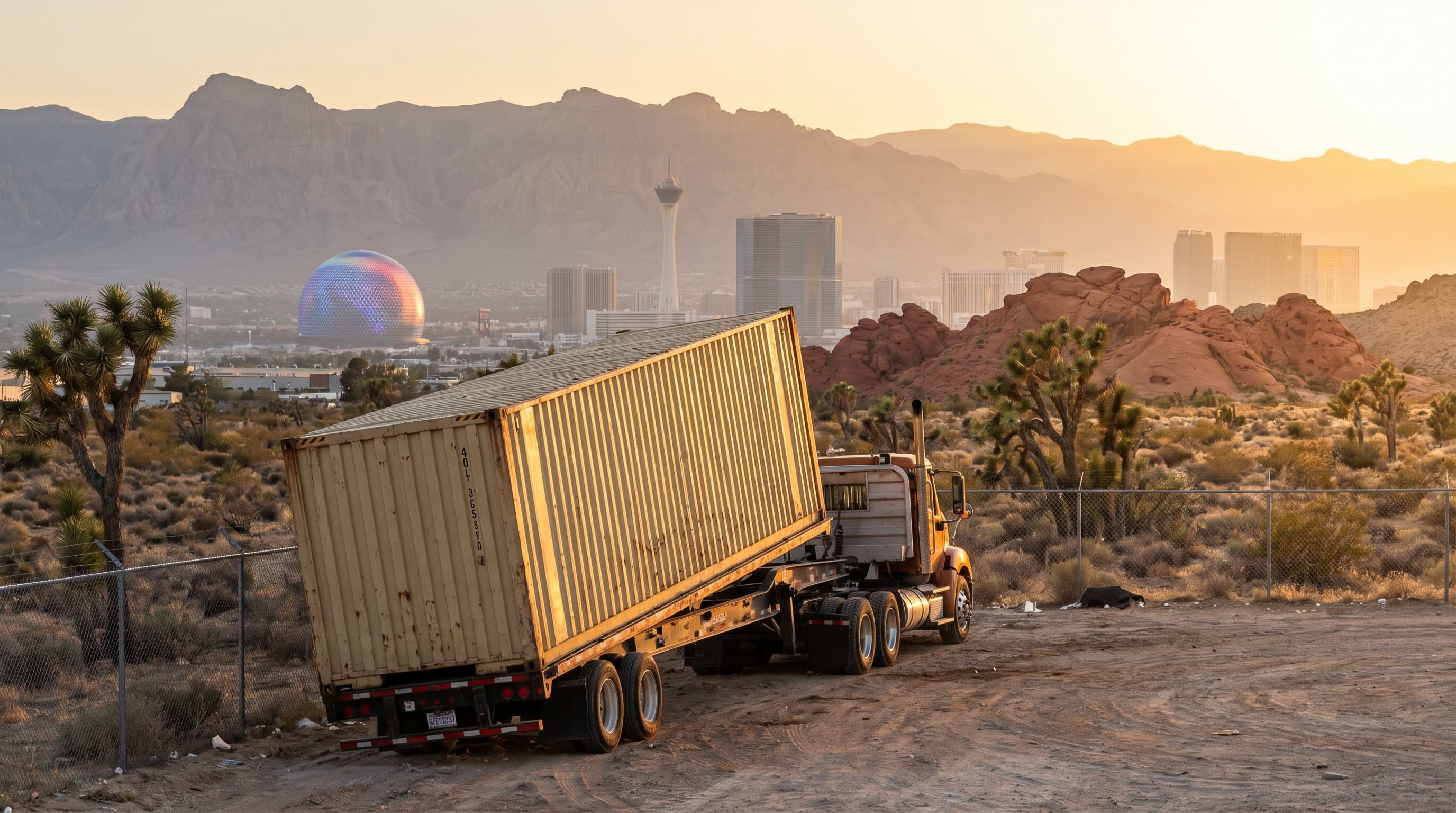 40ft shipping container being tilt-bed delivered to a North Las Vegas industrial lot with the Las Vegas Strip skyline and the red-rock Spring Mountains in warm Mojave-desert light