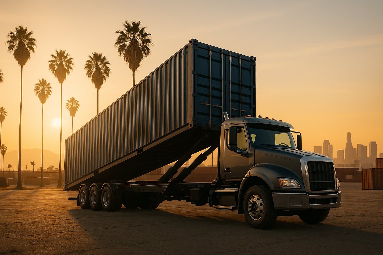 40ft shipping container being tilt-bed delivered in Los Angeles, California with palm trees, the San Gabriel mountains, and the downtown LA skyline in soft haze