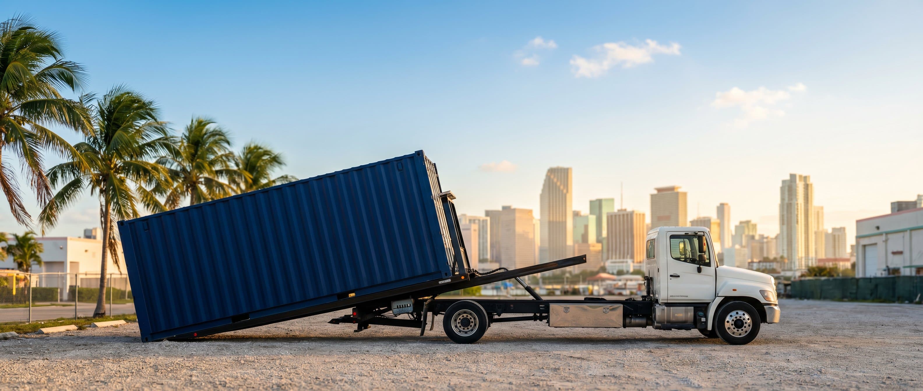 Shipping container being tilt-bed delivered in Miami, Florida with palm trees and the downtown Miami skyline at golden hour