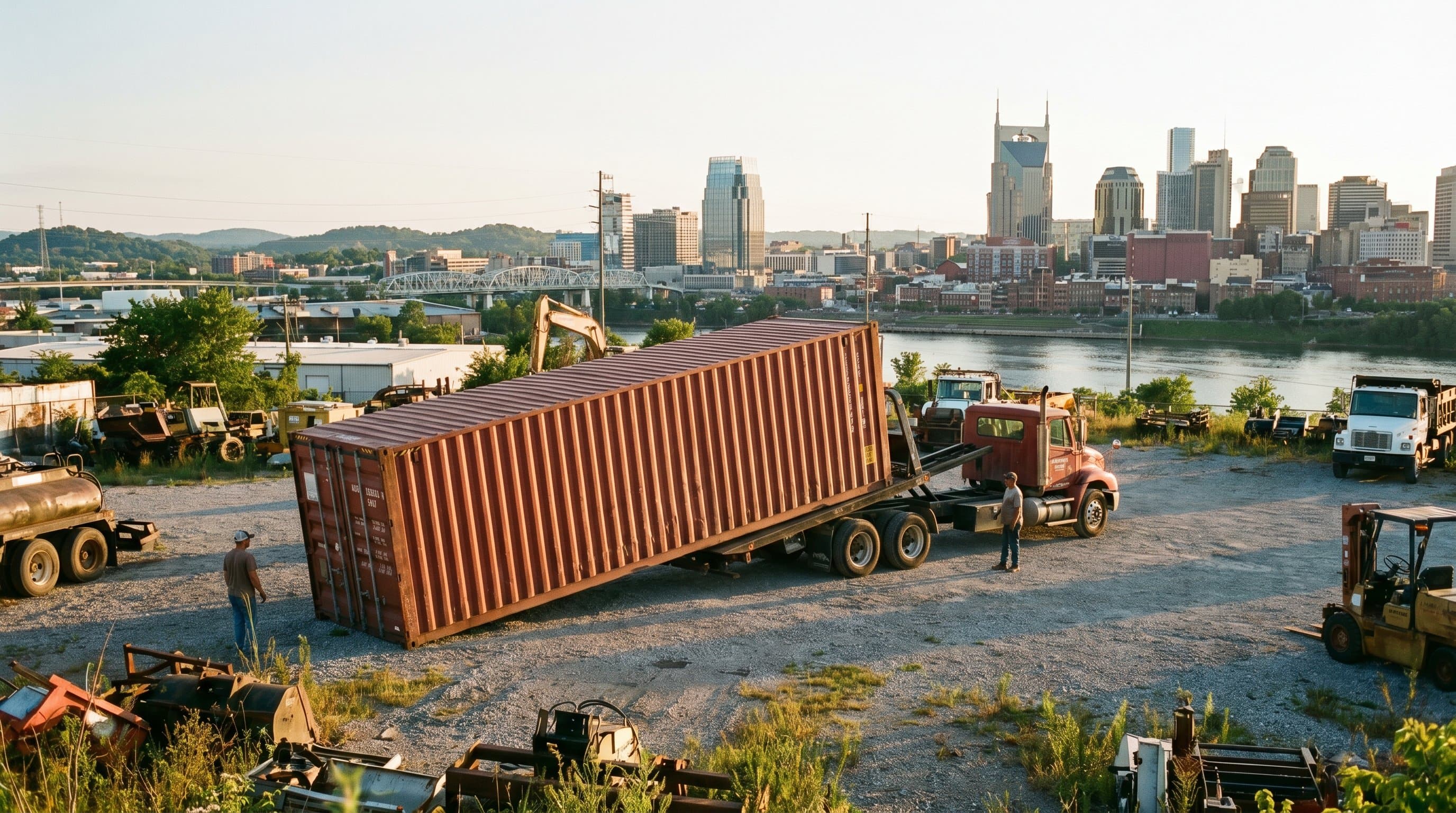 40ft shipping container being tilt-bed delivered to an East Nashville industrial lot with the downtown Nashville skyline including the AT&T Building, the Cumberland River, and rolling Tennessee hills in warm southern afternoon light