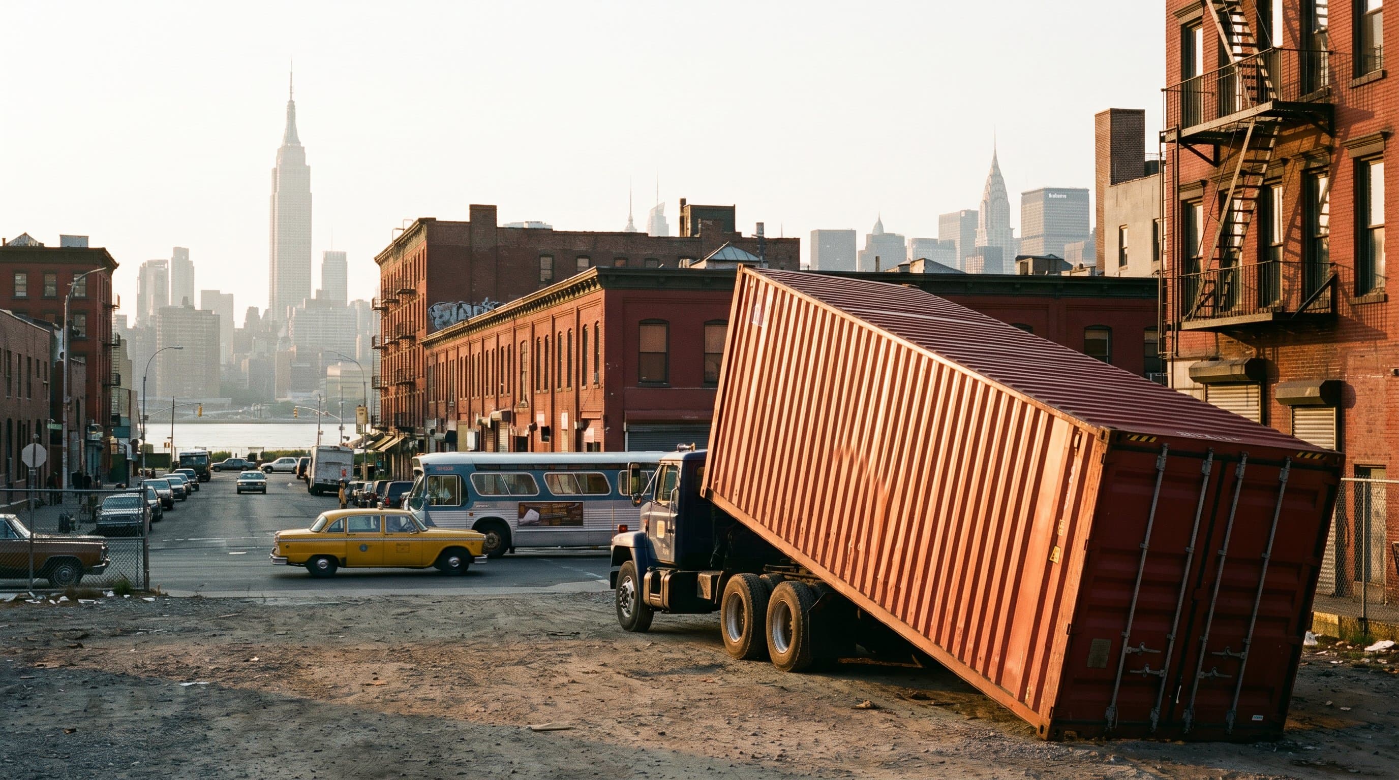 40ft shipping container being tilt-bed delivered to a Brooklyn lot with red-brick warehouses, cast-iron fire escapes, and the Manhattan skyline with the Empire State Building visible across the East River at golden hour