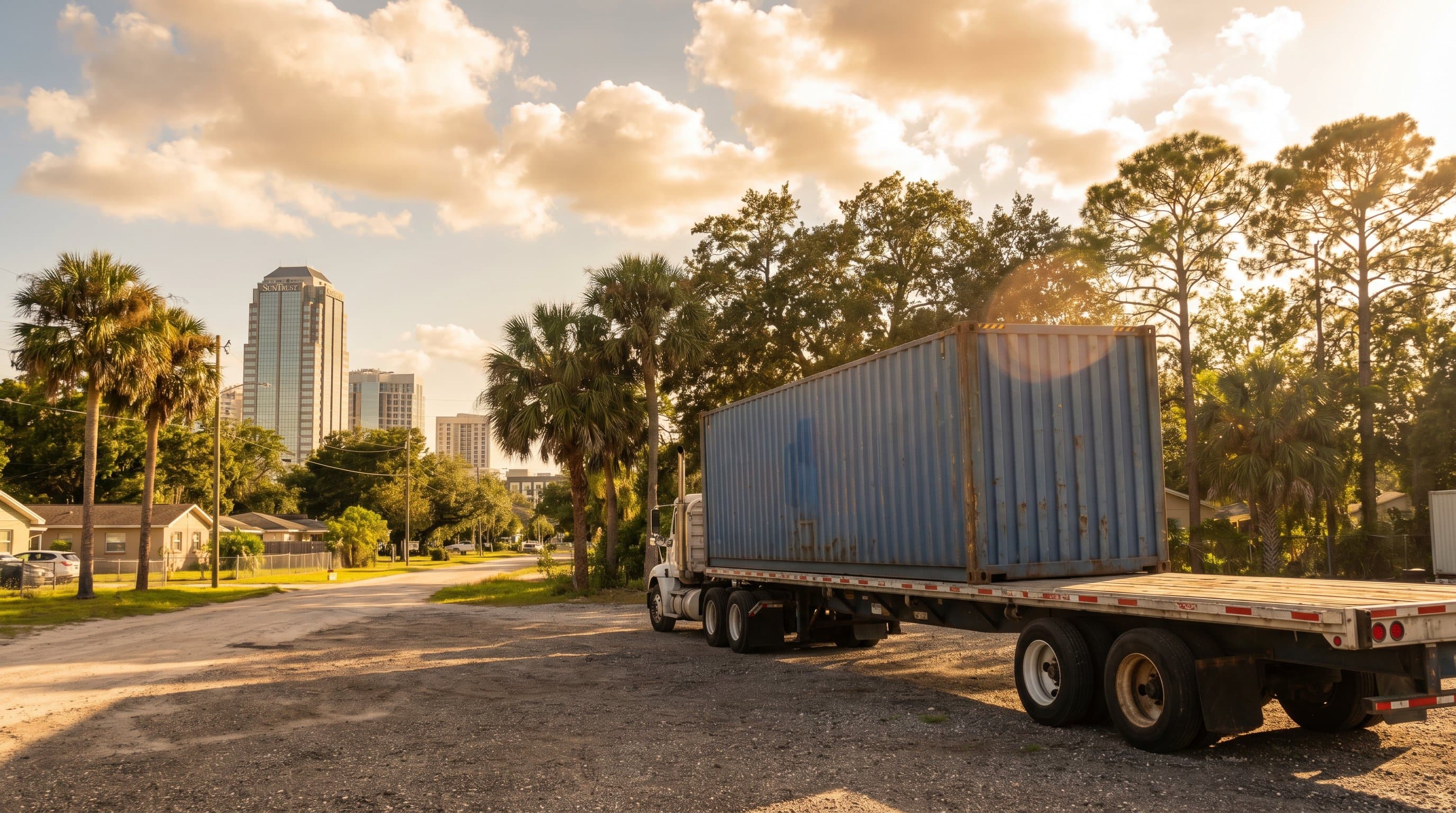 40ft shipping container being tilt-bed delivered to an Orlando Florida residential-adjacent industrial lot with the downtown Orlando skyline, lush central-Florida oaks, pines, and mature palms in warm afternoon light