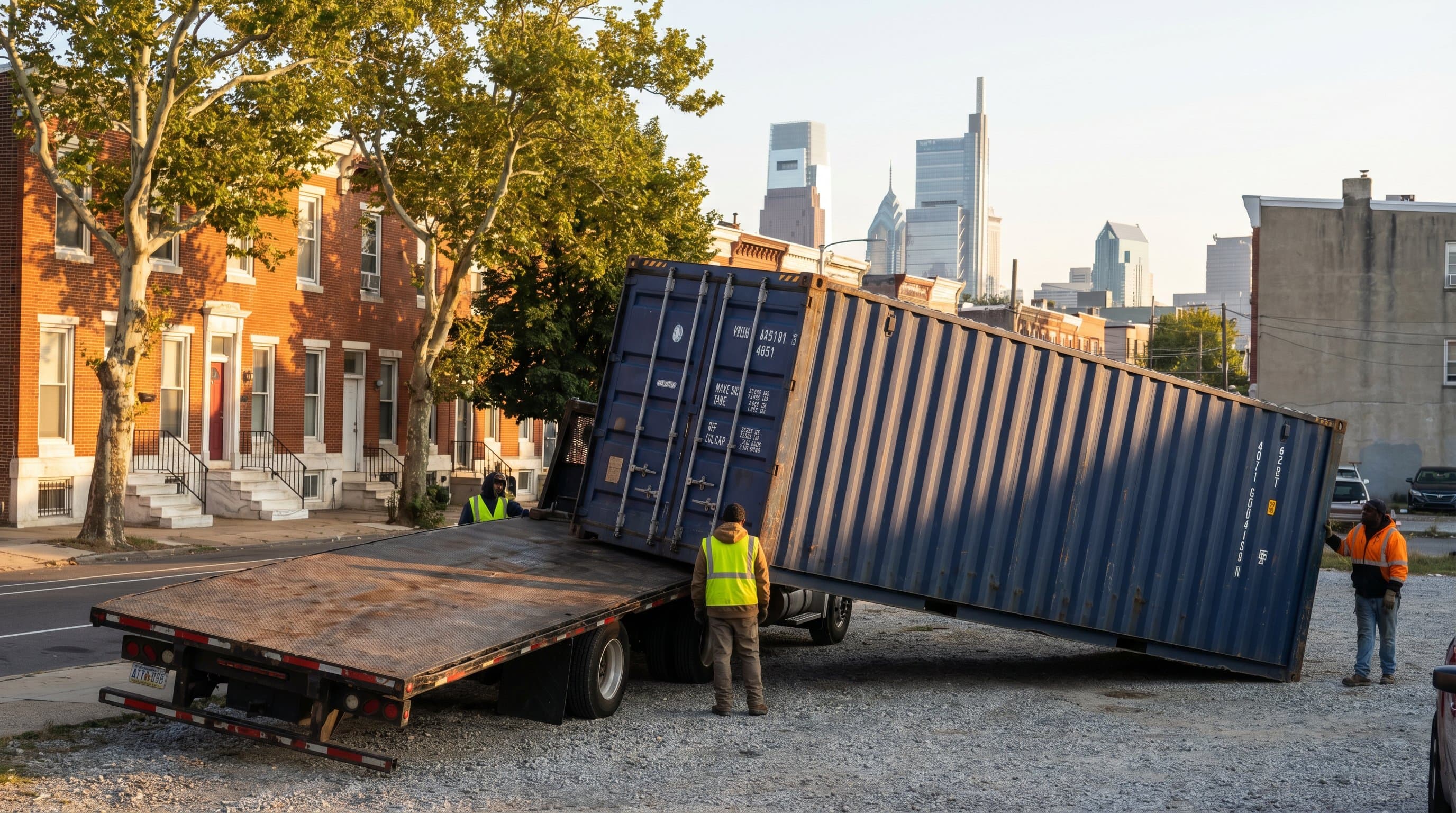40ft shipping container being tilt-bed delivered to a South Philadelphia rowhouse lot with colonial red-brick architecture and the Center City skyline including the Comcast Technology Center