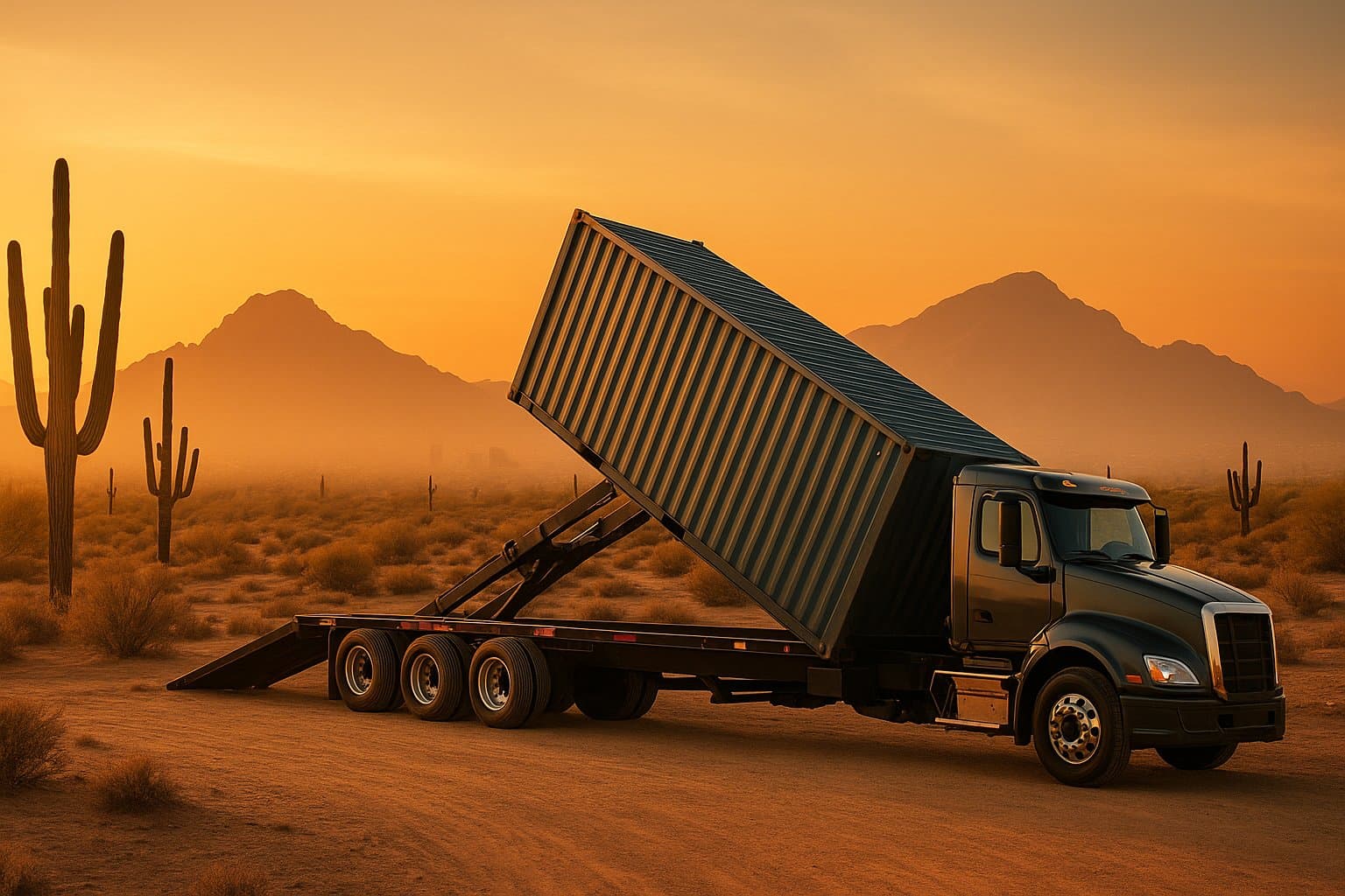 40ft shipping container being tilt-bed delivered in metro Phoenix, Arizona with saguaro cacti and Camelback Mountain in warm Sonoran-desert light