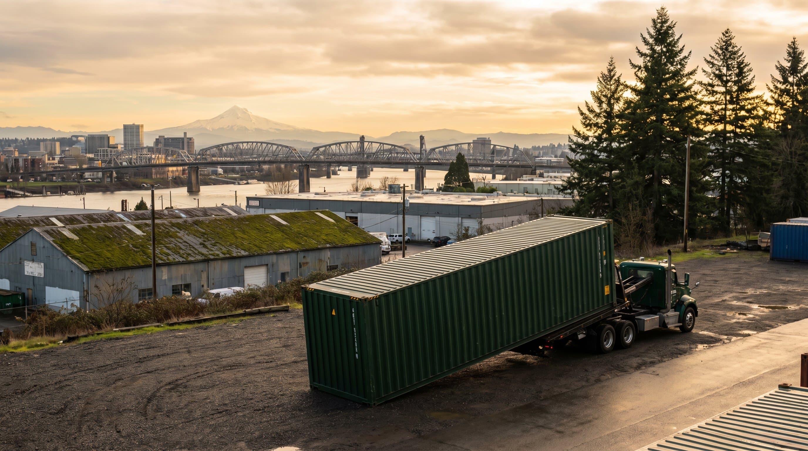 40ft shipping container being tilt-bed delivered in Portland Oregon with the downtown skyline, Willamette River bridge, Douglas firs, and snow-capped Mount Hood in the distance