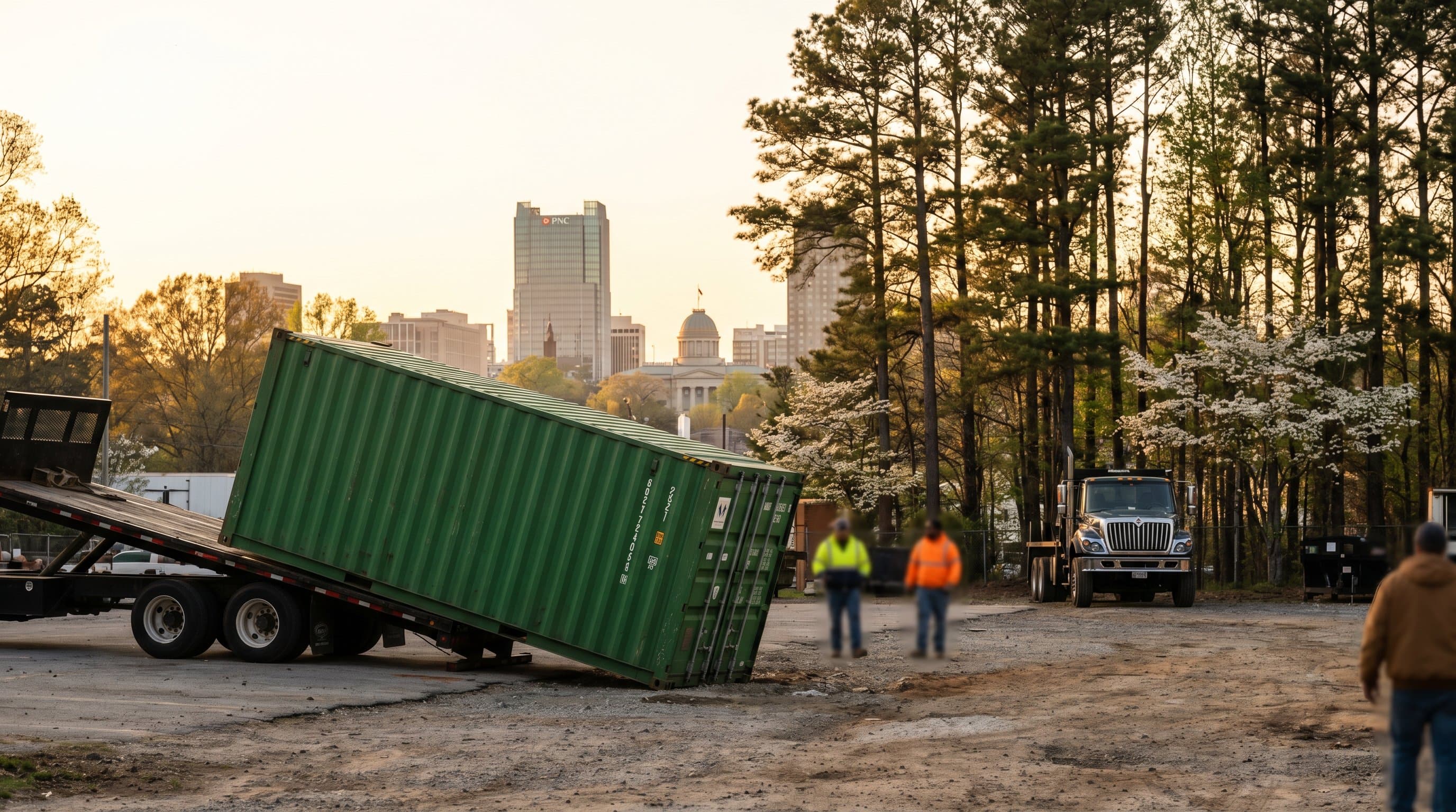 40ft shipping container being tilt-bed delivered to a Raleigh North Carolina industrial and research-park lot with the Raleigh skyline, the NC State Capitol, loblolly pines, and dogwoods in warm Research Triangle afternoon light