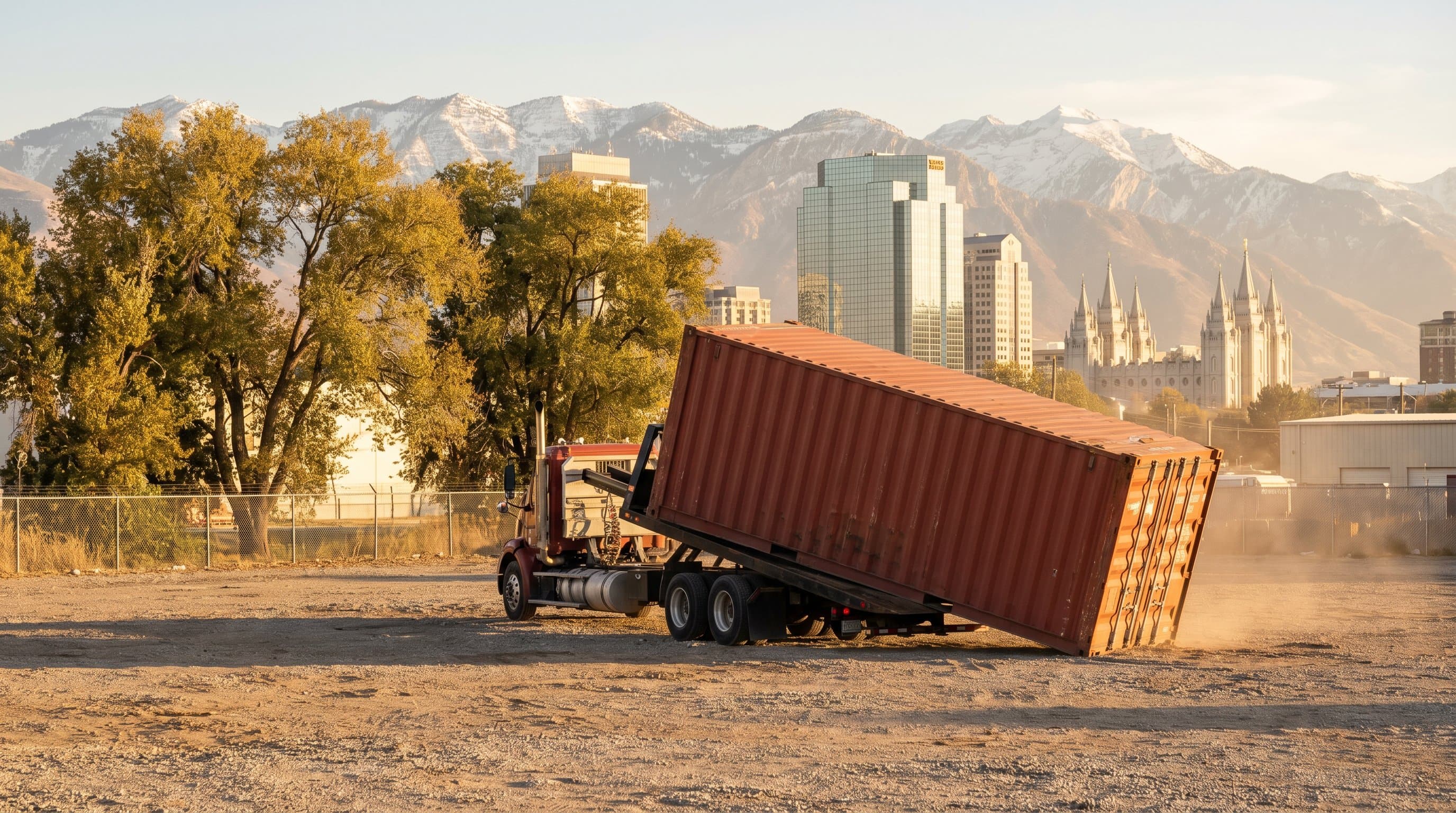 40ft shipping container being tilt-bed delivered to a Salt Lake City Utah industrial lot with the downtown SLC skyline, the Salt Lake Temple spires, and the snow-capped Wasatch Mountains looming in warm high-desert afternoon light