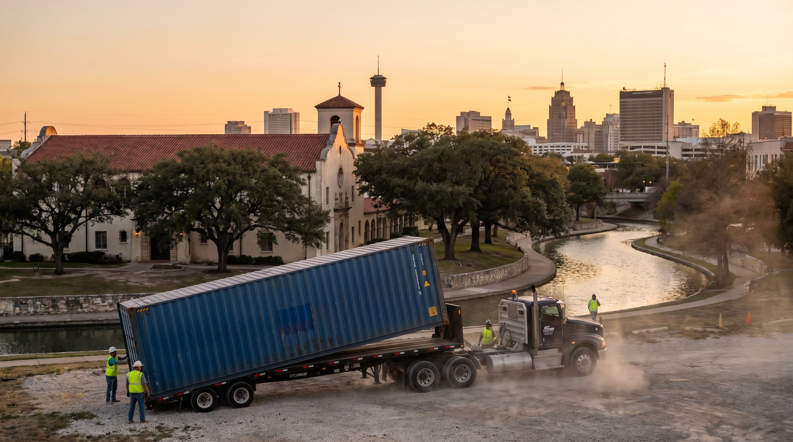 40ft shipping container being tilt-bed delivered to a San Antonio Texas industrial lot with the San Antonio skyline, Tower of the Americas, Spanish-mission architecture, and mature live oaks in warm south-Texas afternoon light