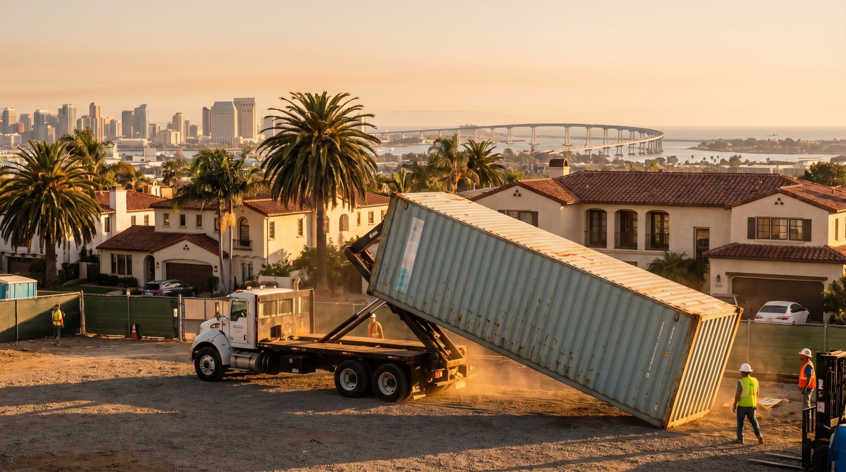 40ft shipping container being tilt-bed delivered in San Diego with the downtown skyline, Coronado Bridge, mature palm trees, and Spanish-mission stucco architecture in warm golden-hour light
