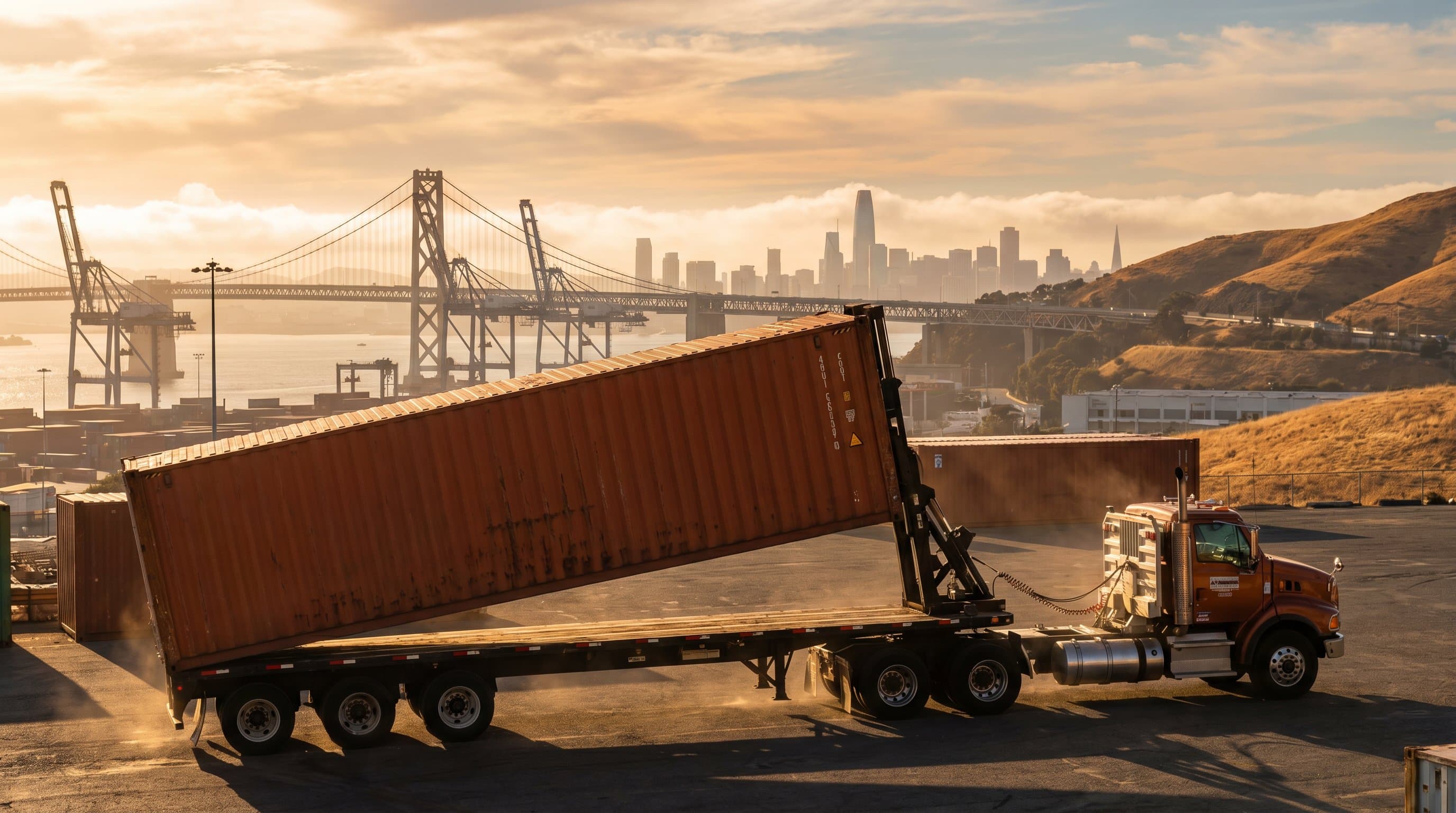 40ft shipping container being tilt-bed delivered to a West Oakland industrial lot with the Bay Bridge, Port of Oakland cranes, and the San Francisco skyline including the Salesforce Tower across the bay