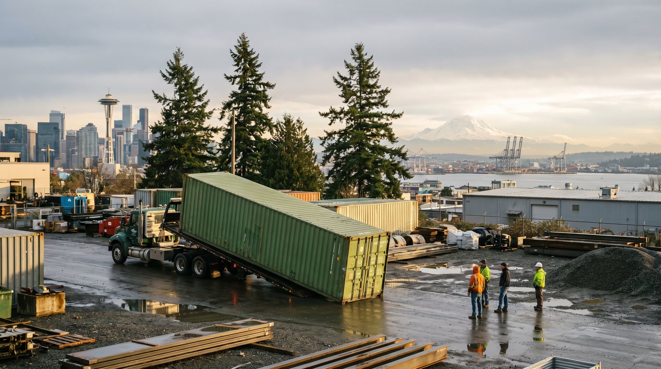 40ft shipping container being tilt-bed delivered to a Seattle SoDo industrial lot with the Space Needle, downtown skyline, Port of Seattle cranes, and snow-capped Mount Rainier looming behind in soft PNW light