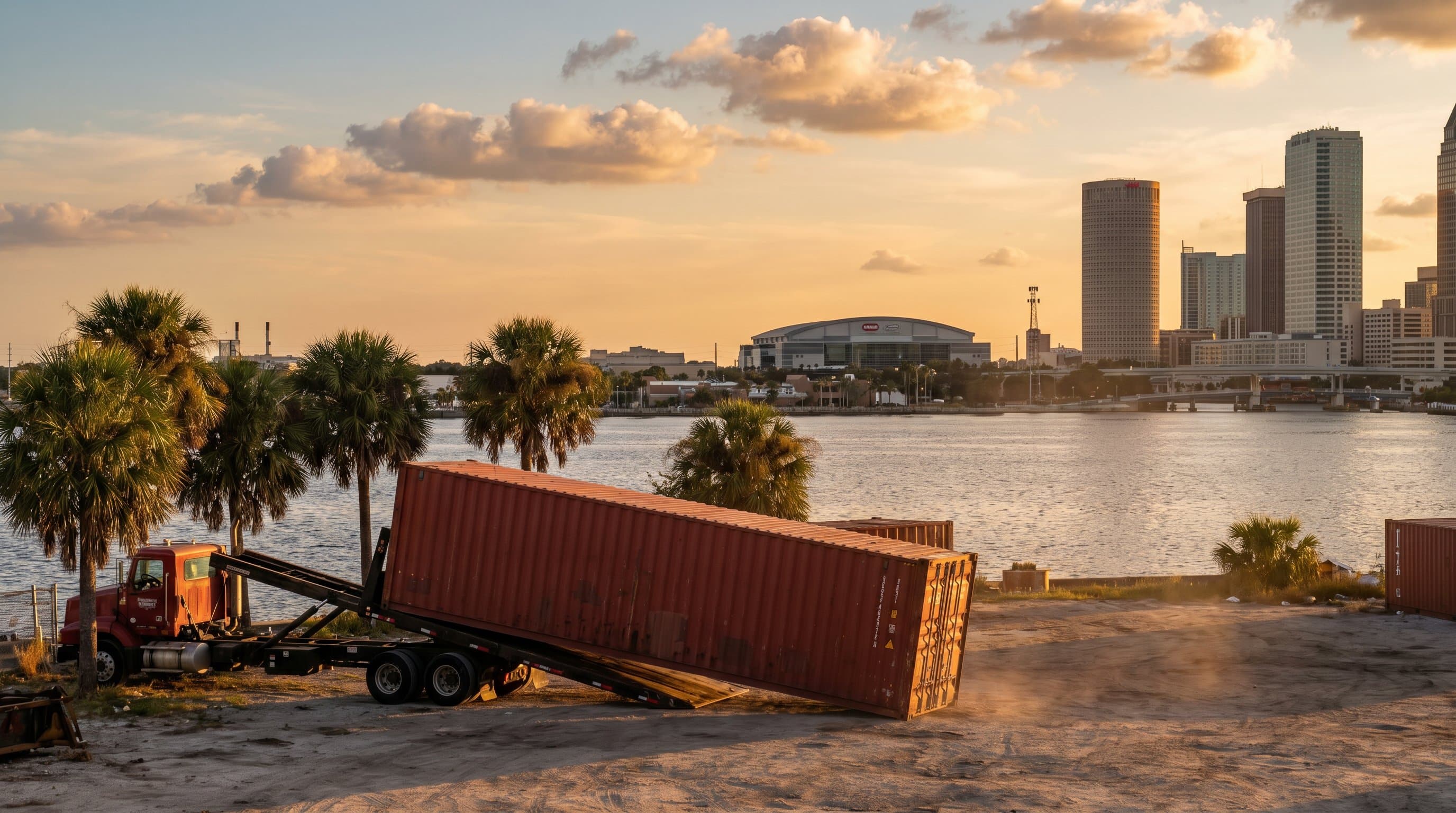 40ft shipping container being tilt-bed delivered to a Tampa Florida waterfront-adjacent industrial lot with the downtown Tampa skyline across Hillsborough Bay, mature palms, and warm Gulf Coast afternoon light