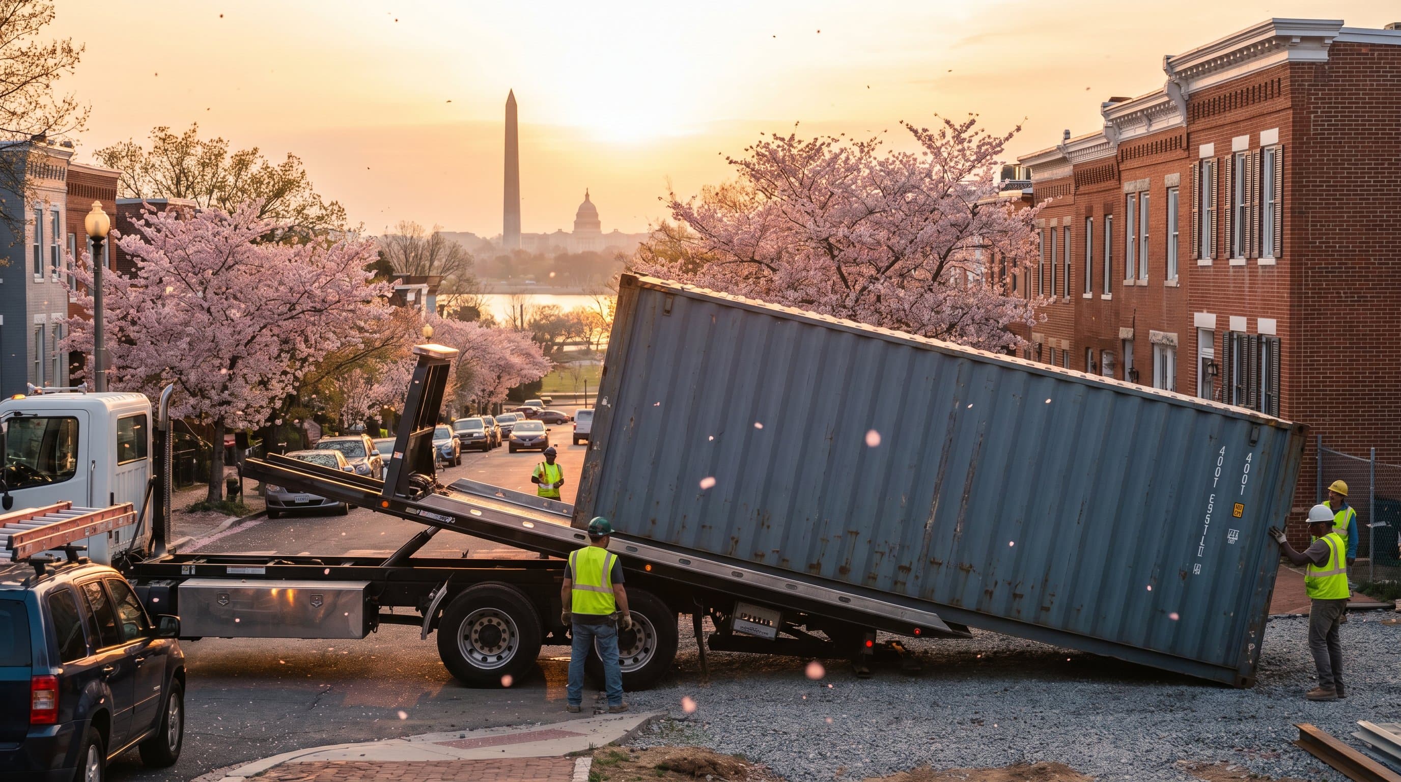 40ft shipping container being tilt-bed delivered in the DC metro area with the Washington Monument and US Capitol dome visible in the distance, framed by cherry blossom trees in spring bloom