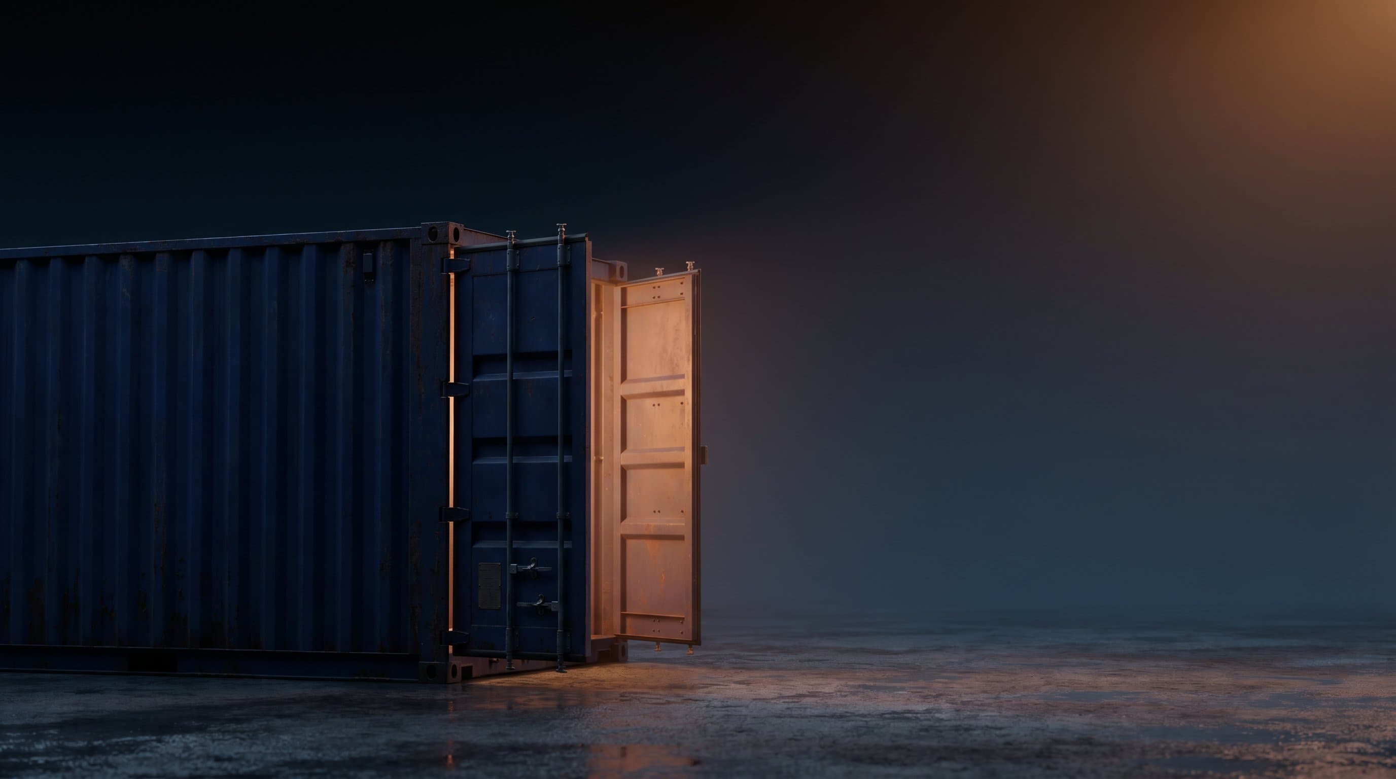 Cinematic view of a shipping container silhouetted against a dark gradient, warm light spilling from the cargo doors
