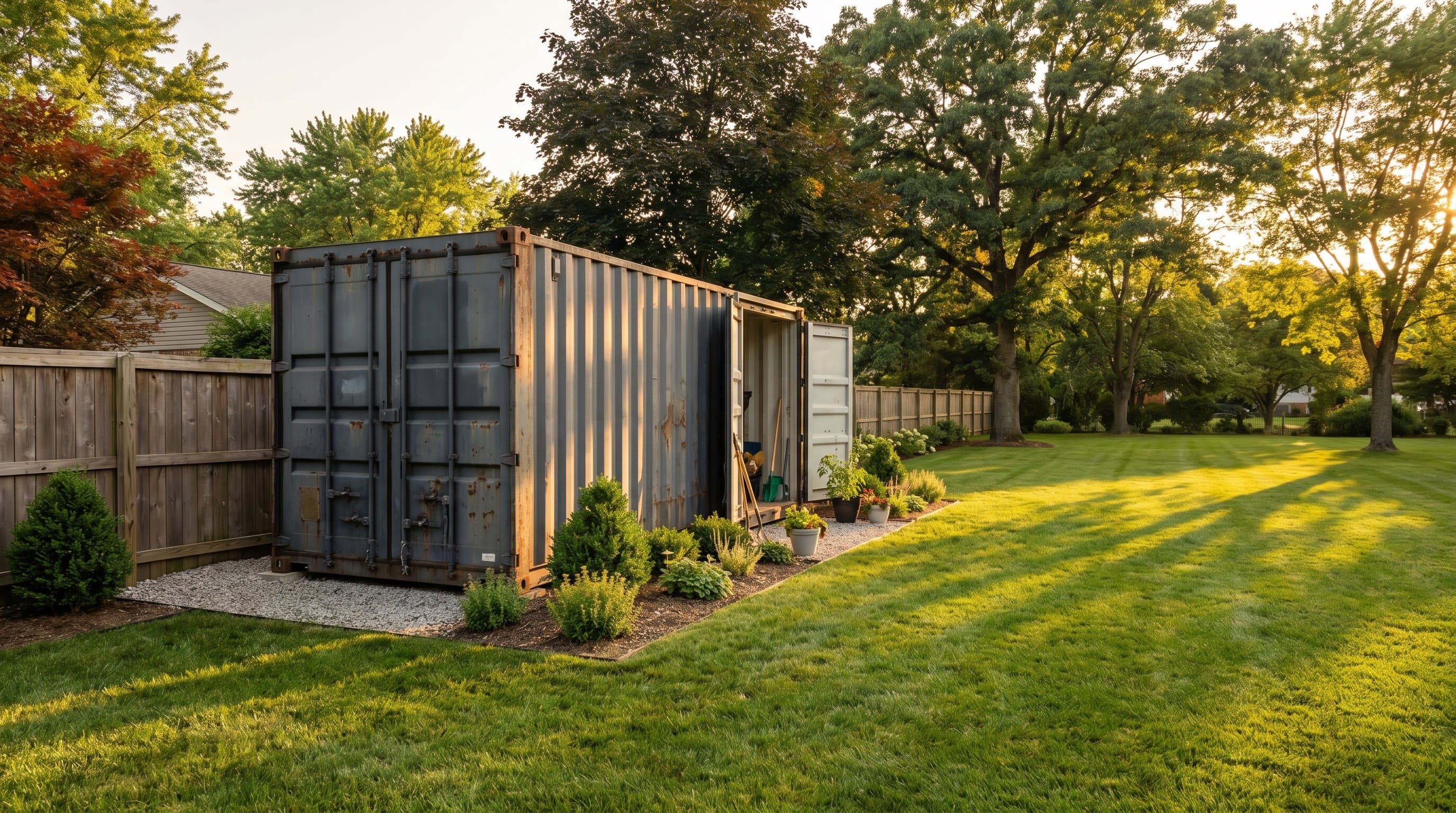 Shipping container placed as organized backyard storage on a suburban residential property