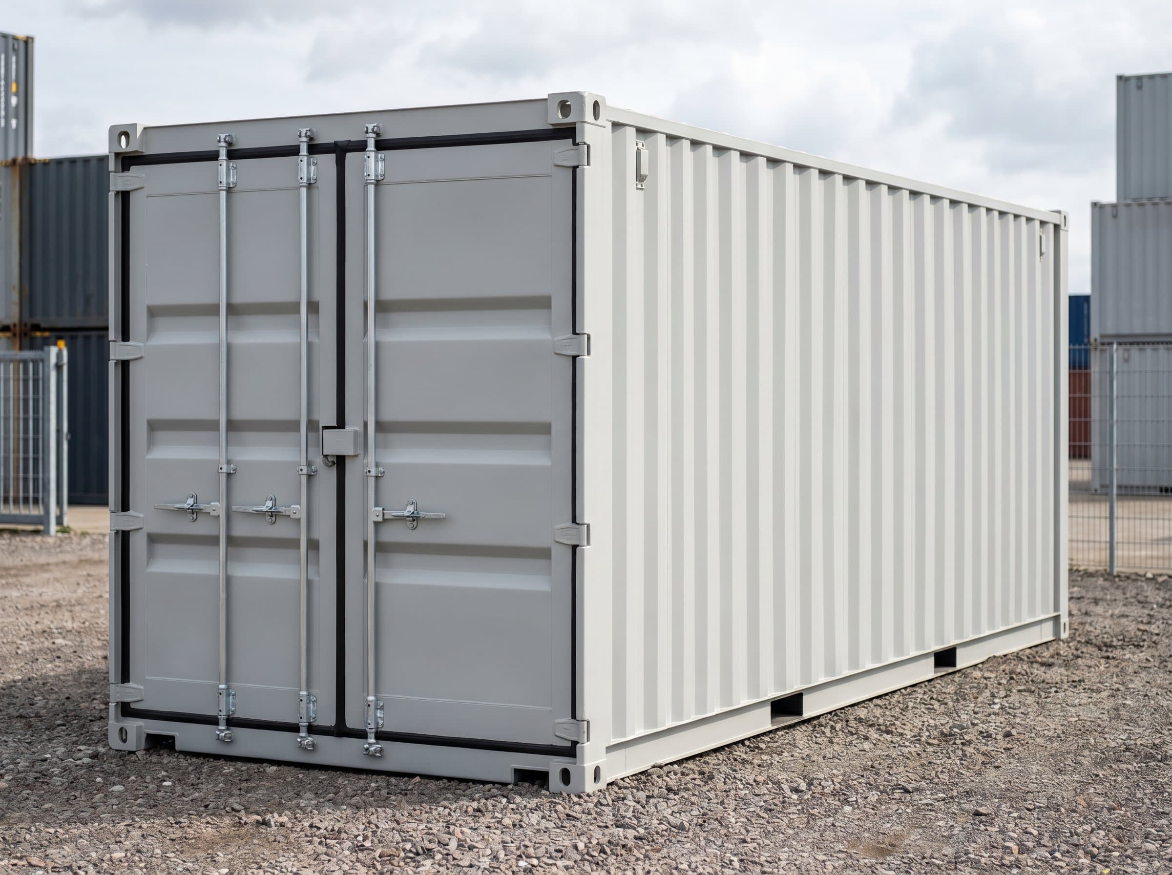 Pristine brand-new 20ft one-trip shipping container in factory light grey, cargo doors closed, at a commercial depot