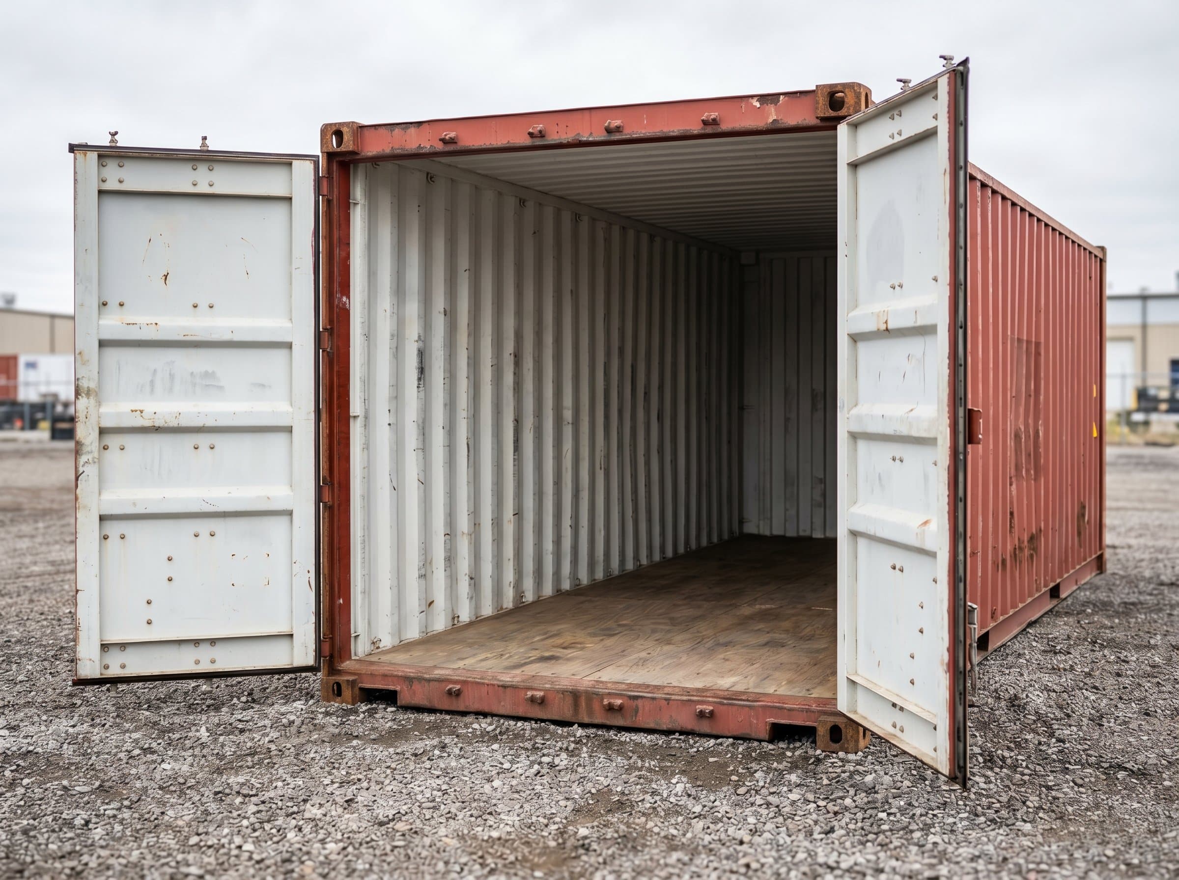 20ft used wind-and-watertight shipping container with both cargo doors fully open, showing clean empty interior with plywood floor