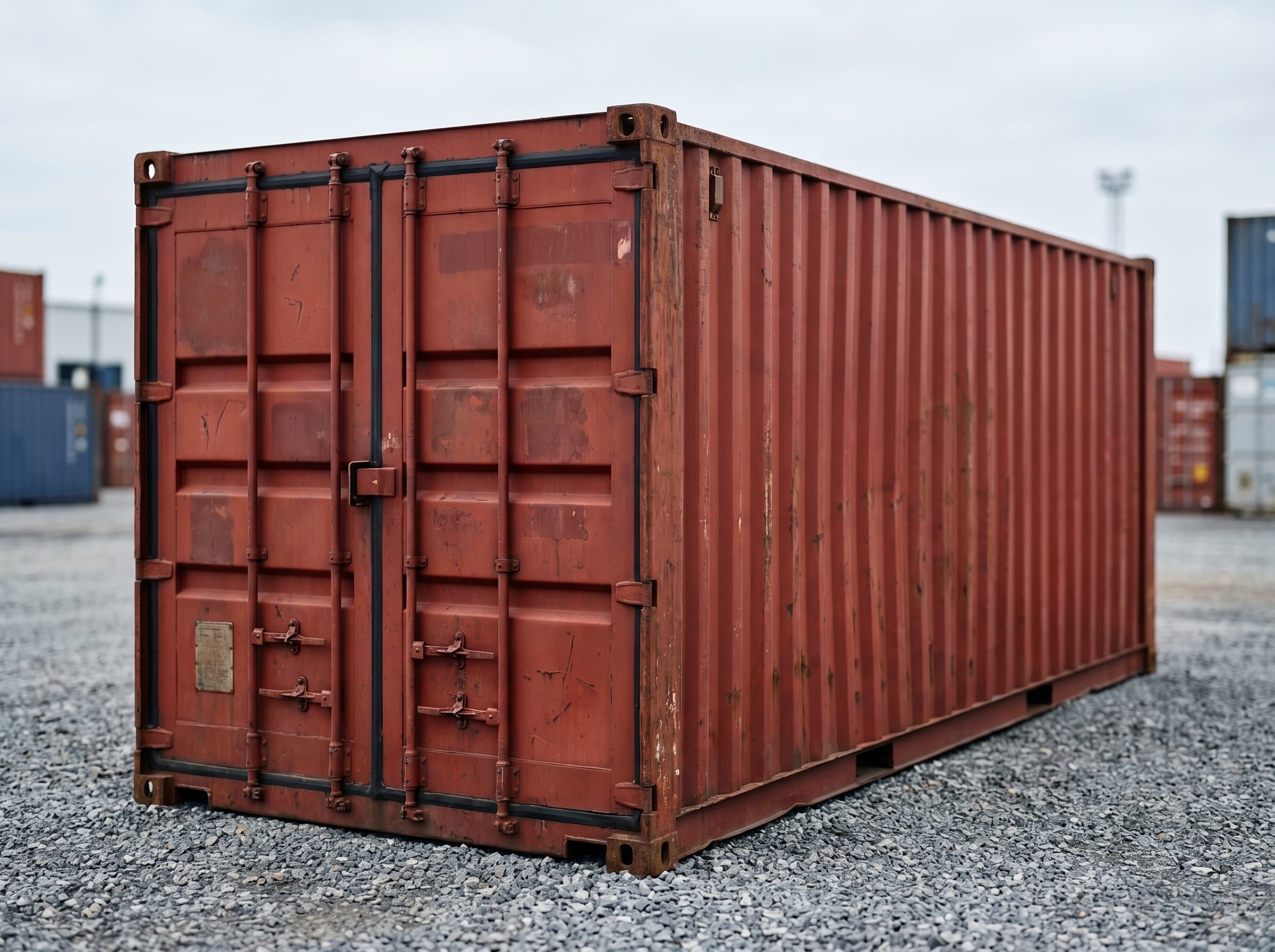 20ft used wind-and-watertight shipping container in weathered oxide red, cargo doors closed, on crushed gravel at a commercial depot