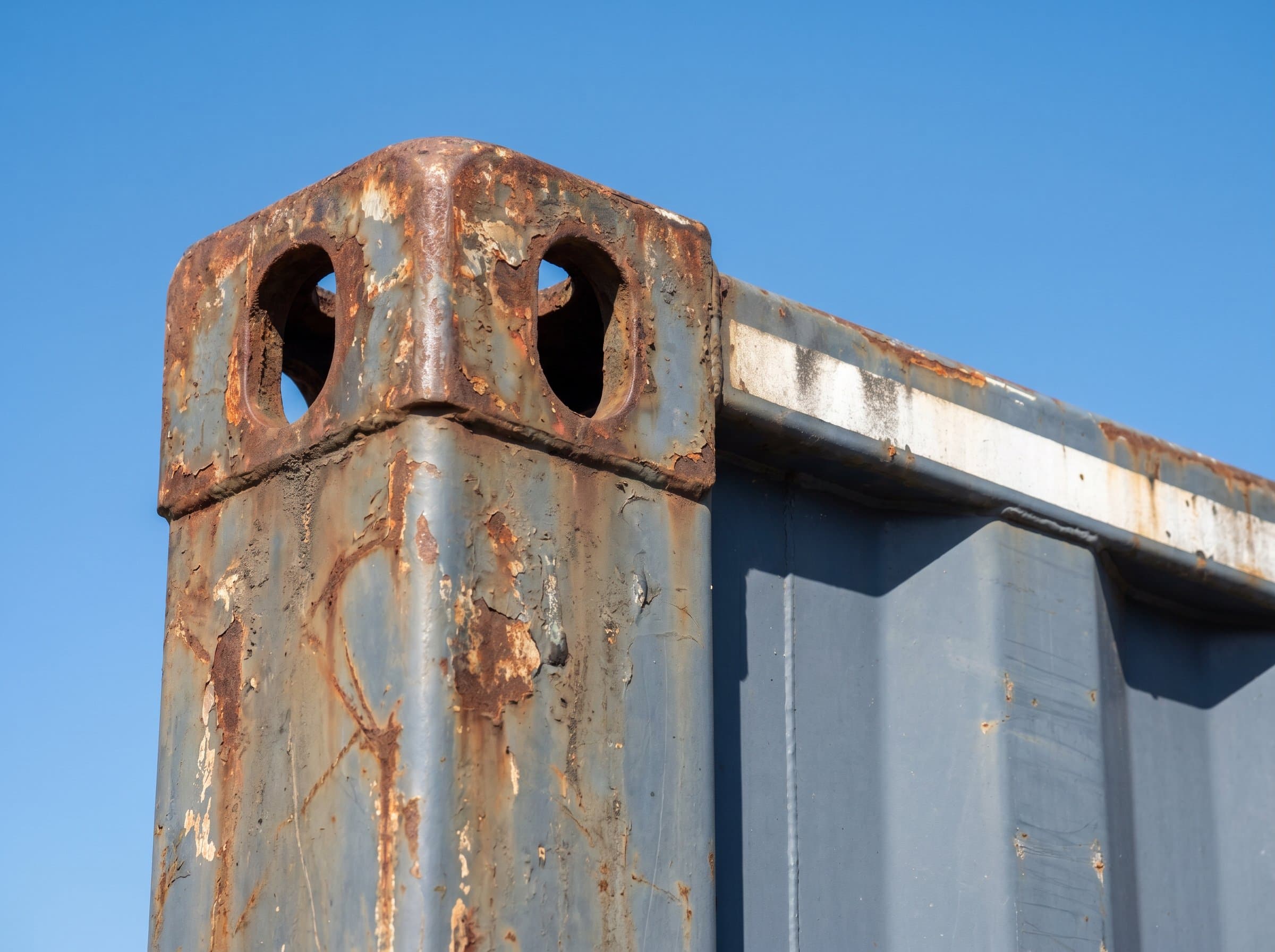 Exterior close-up of ISO corner casting on a weathered slate blue-grey 40ft high-cube used wind-and-watertight container
