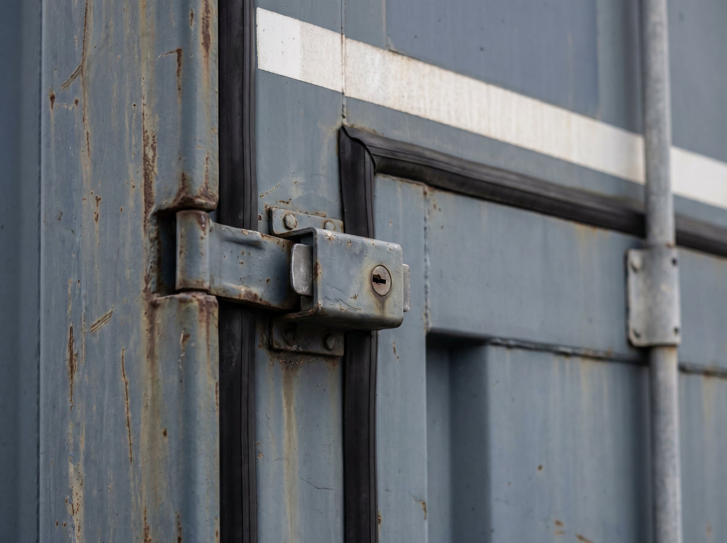 Close-up of cargo door lockbox and rubber gaskets on a weathered slate blue-grey 40ft high-cube used container
