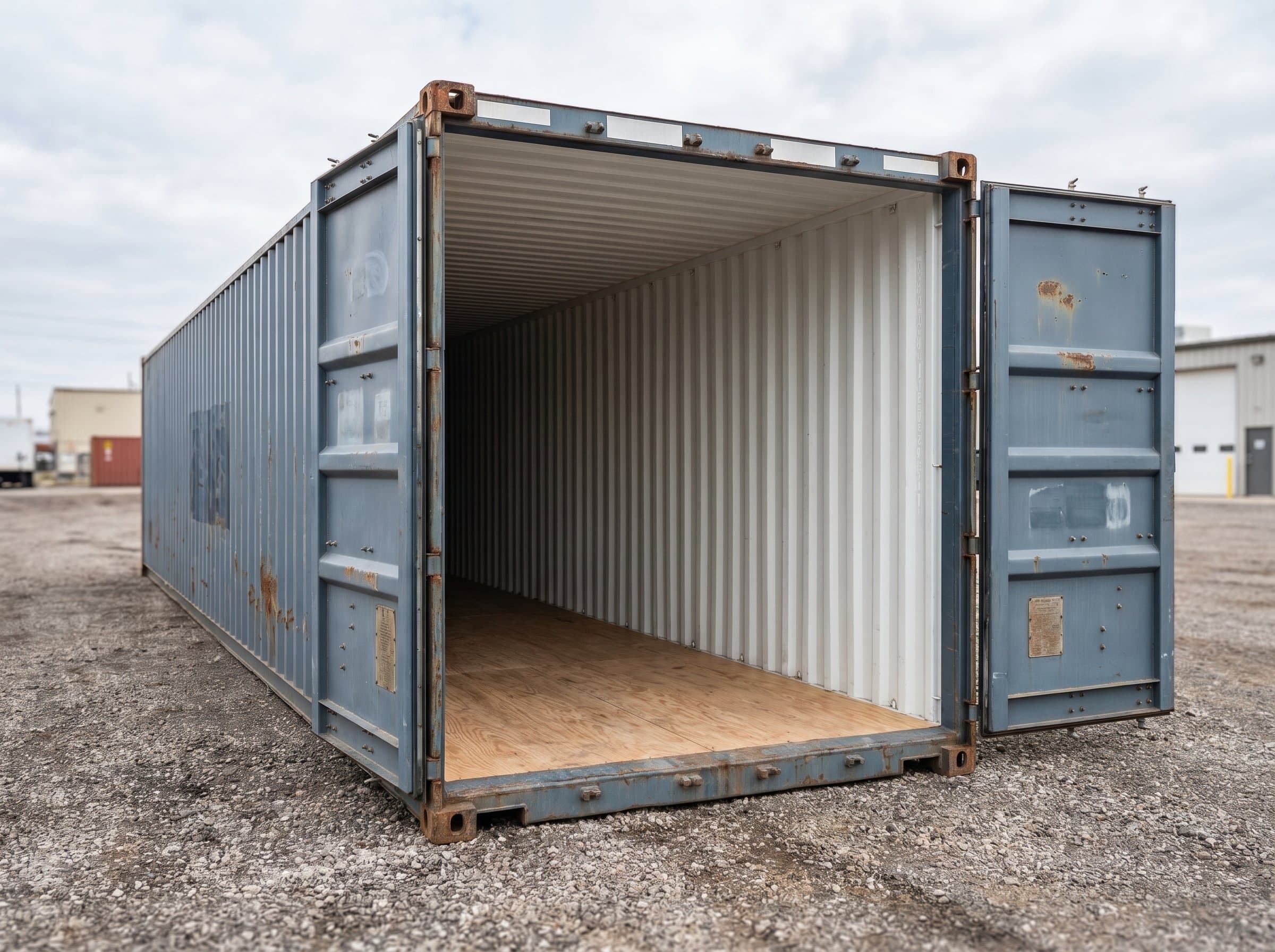 40ft high-cube used wind-and-watertight shipping container with both cargo doors open, tall 9 foot 6 inch interior stretching back 40 feet