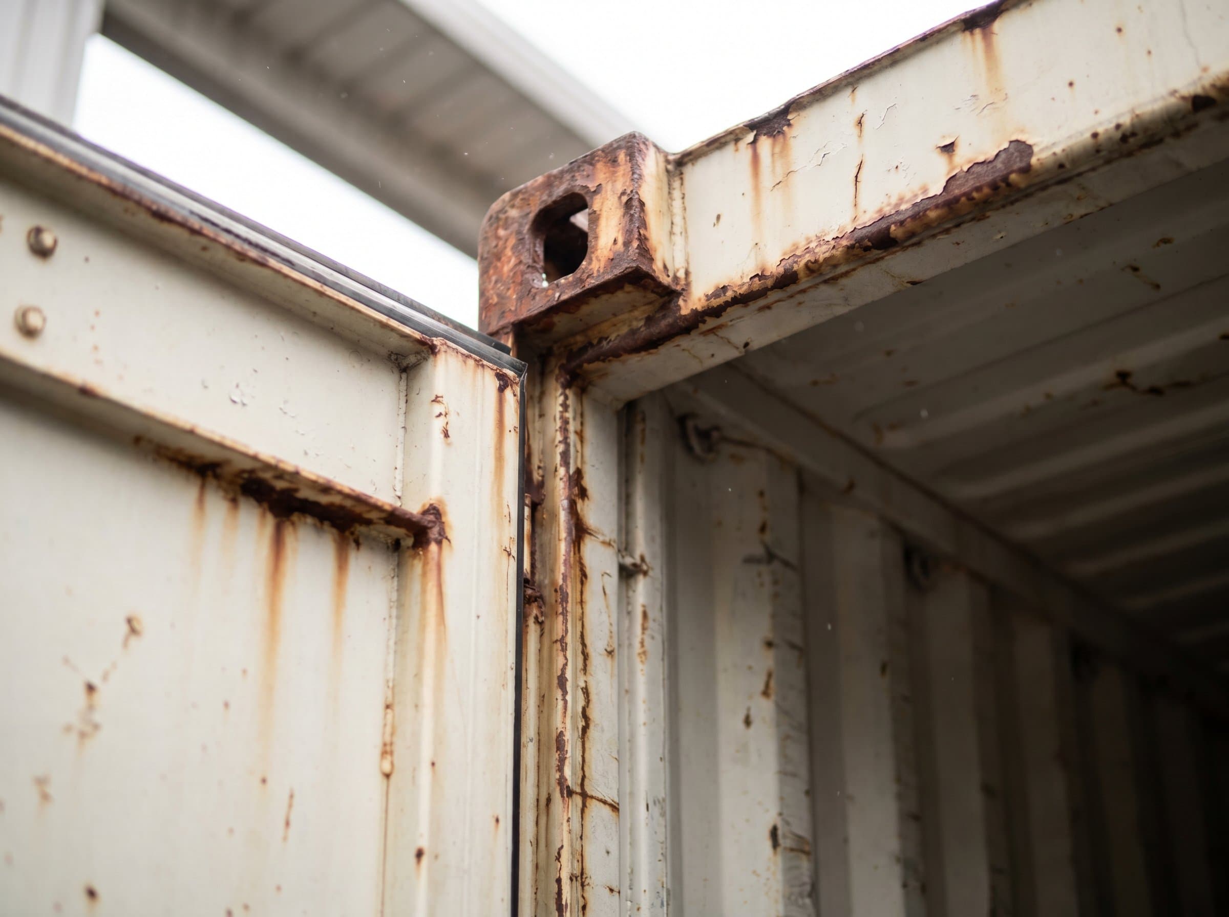 Upper interior corner of a 40ft high-cube used wind-and-watertight container showing wall-ceiling seam and honest surface wear