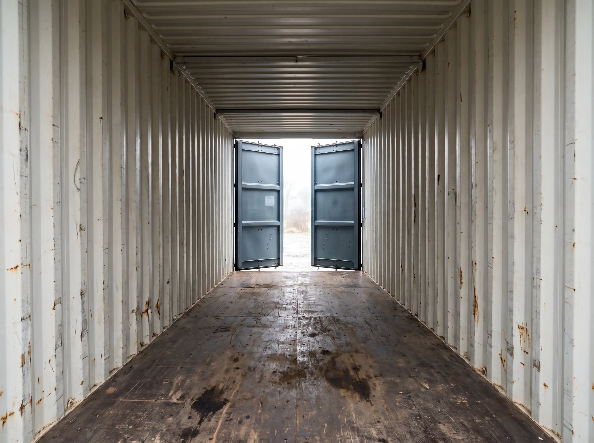 Interior view down the 40-foot length of a high-cube used wind-and-watertight container showing extra 9 foot 6 inch headroom