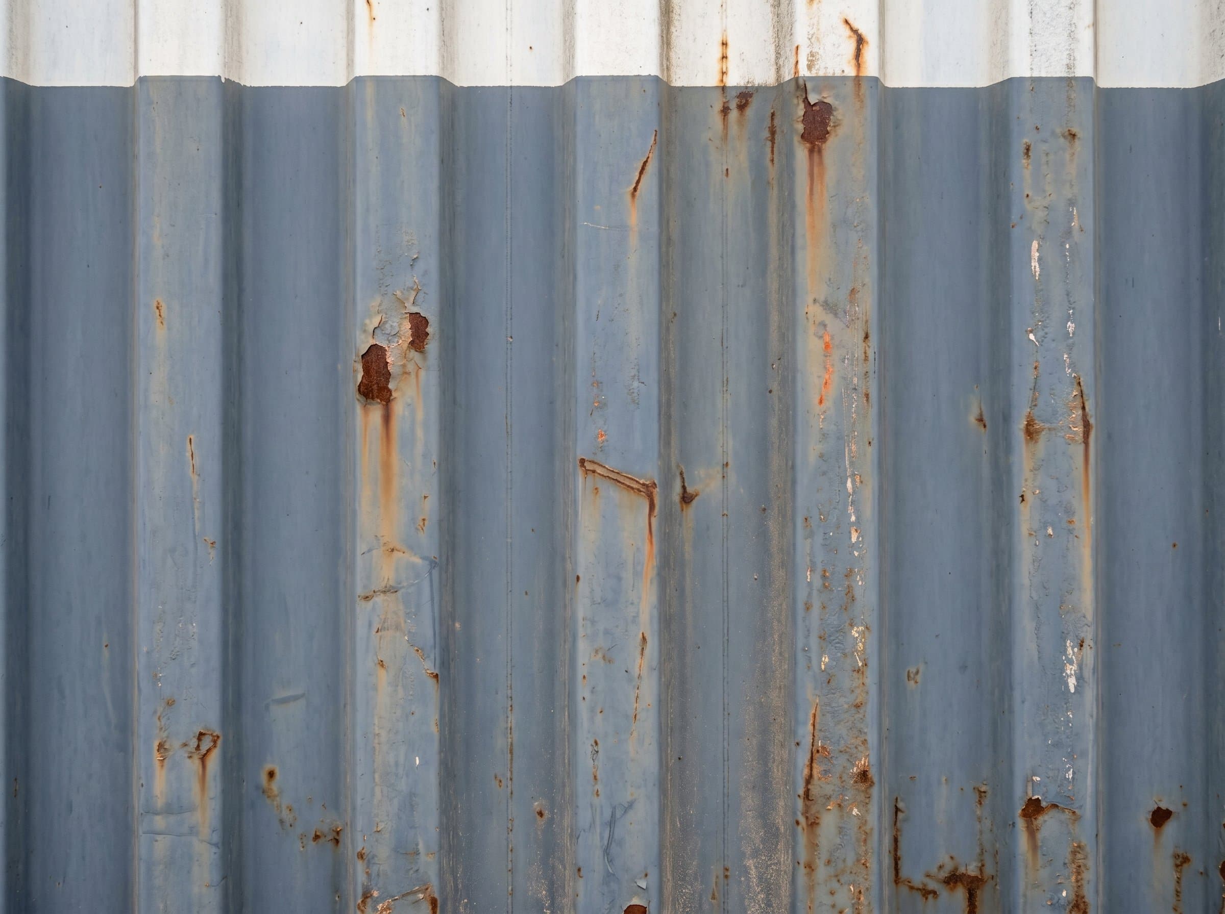 Macro detail of corrugated corten steel on a weathered slate blue-grey 40ft high-cube used container with white HC stripe