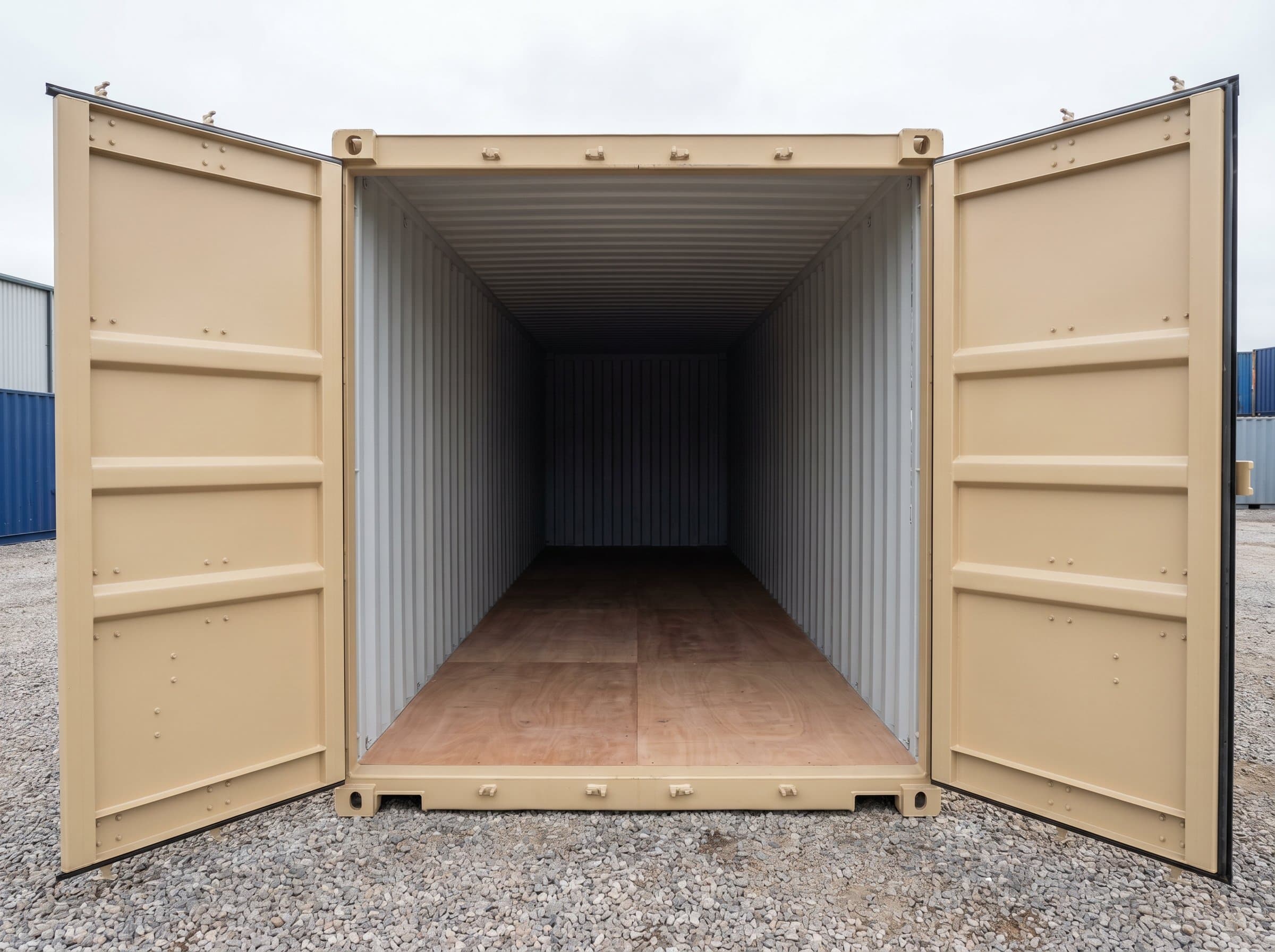 Pristine brand-new 40ft one-trip shipping container with both cargo doors open, immaculate 40-foot interior with new plywood floor