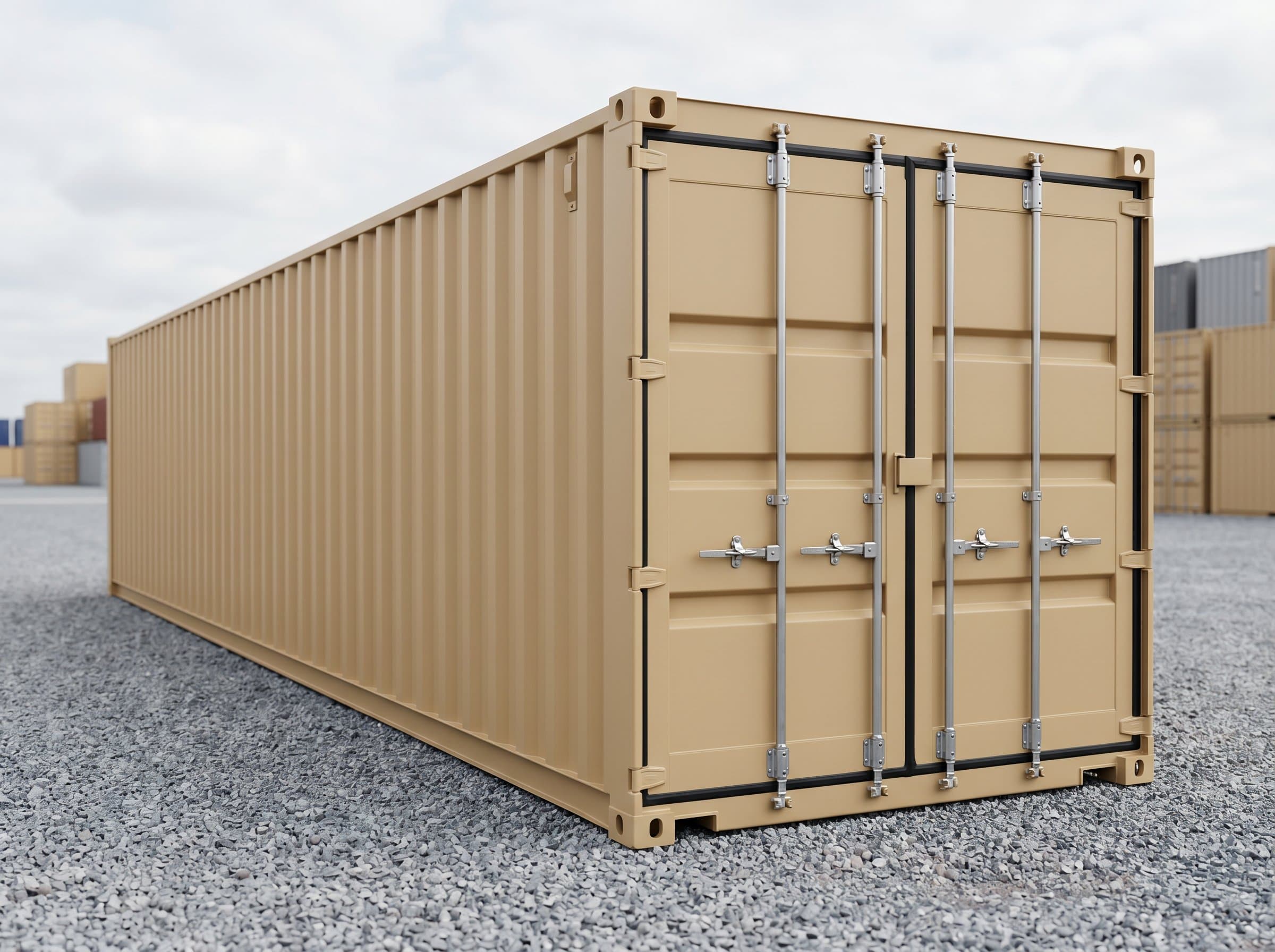 Pristine brand-new 40ft one-trip IICL shipping container in factory beige tan, cargo doors closed, at a commercial depot