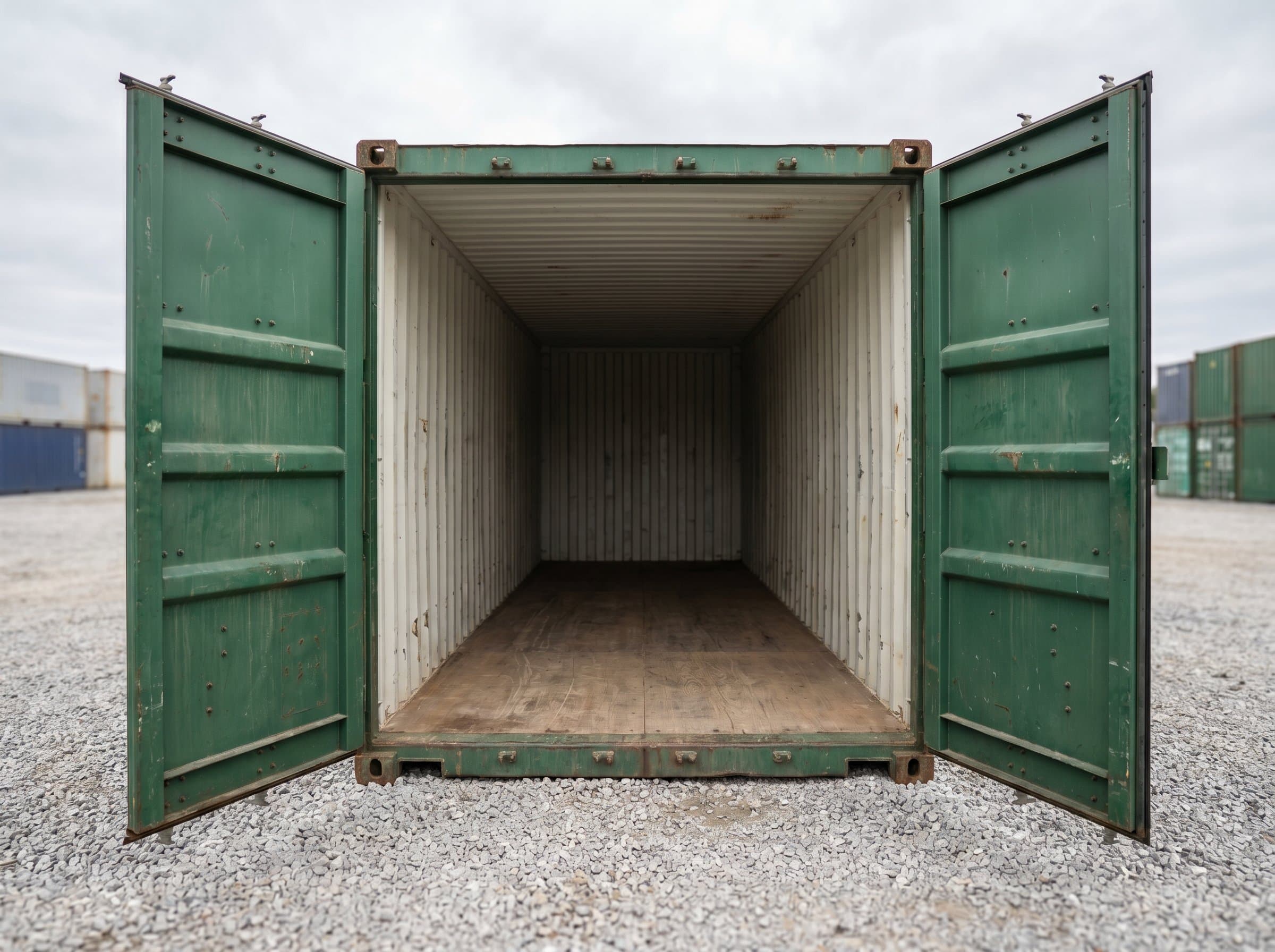 40ft used wind-and-watertight shipping container with both cargo doors fully open, 40-foot cavernous empty interior stretching back
