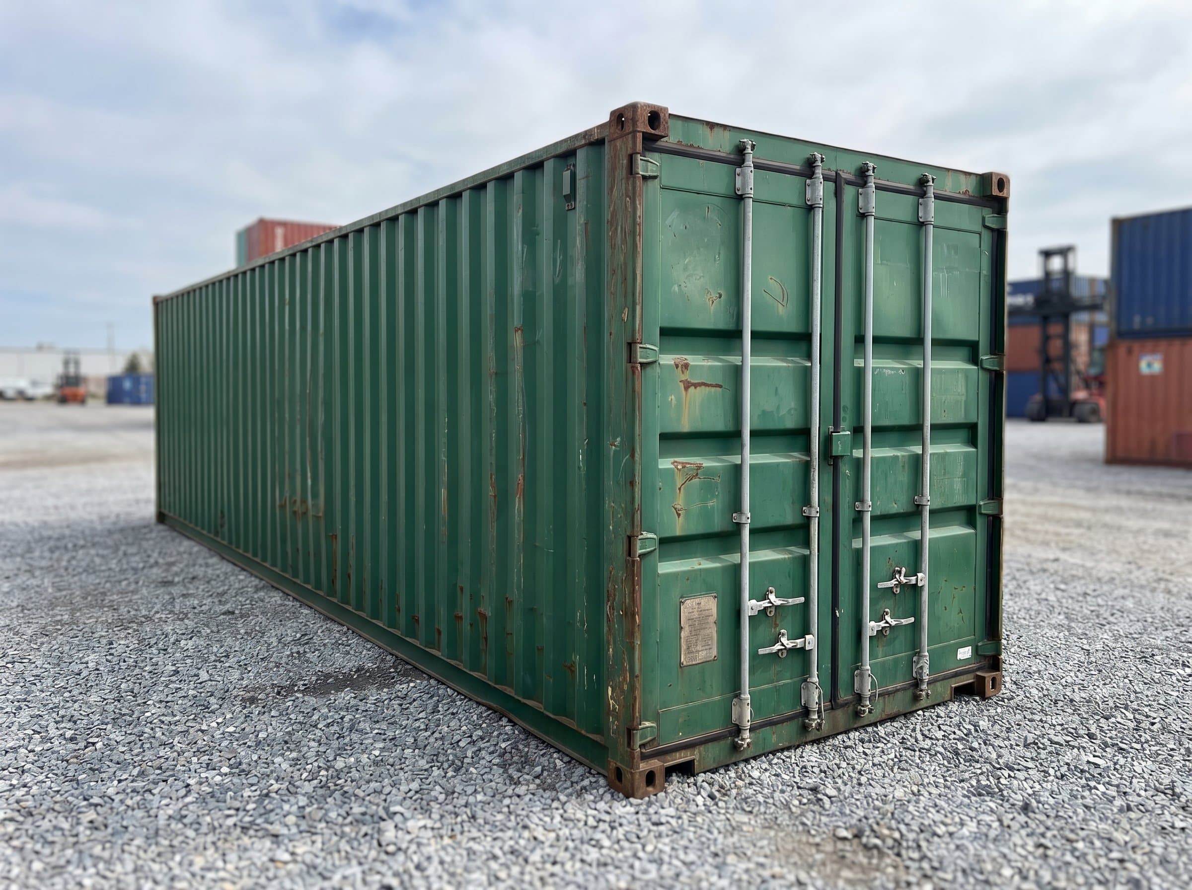 40ft used wind-and-watertight shipping container in weathered deep forest green, cargo doors closed, at a commercial depot