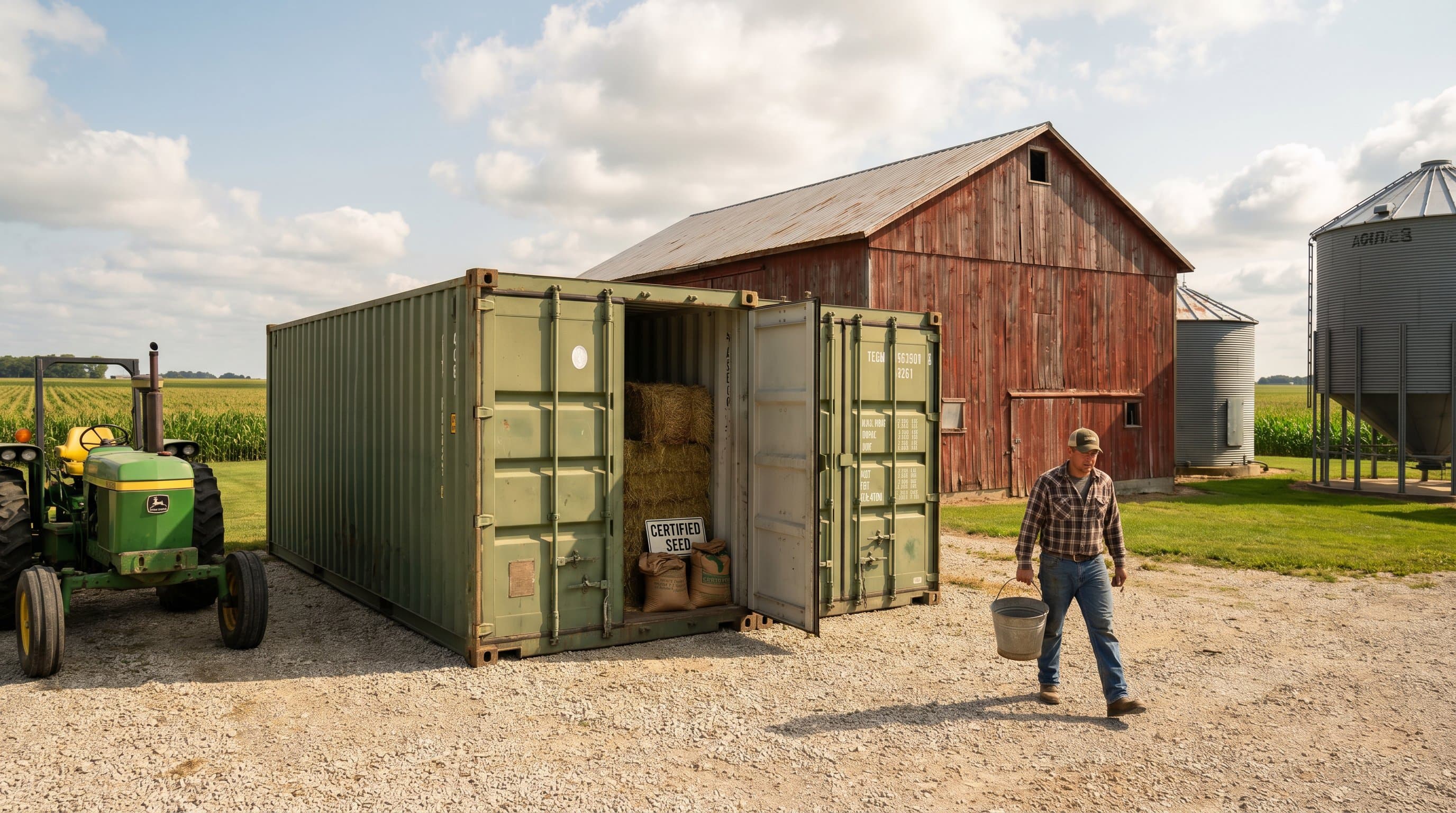 Two olive-green 40ft shipping containers used as secure agricultural storage on a Midwestern American farm between a red barn and a grain silo with rows of corn behind