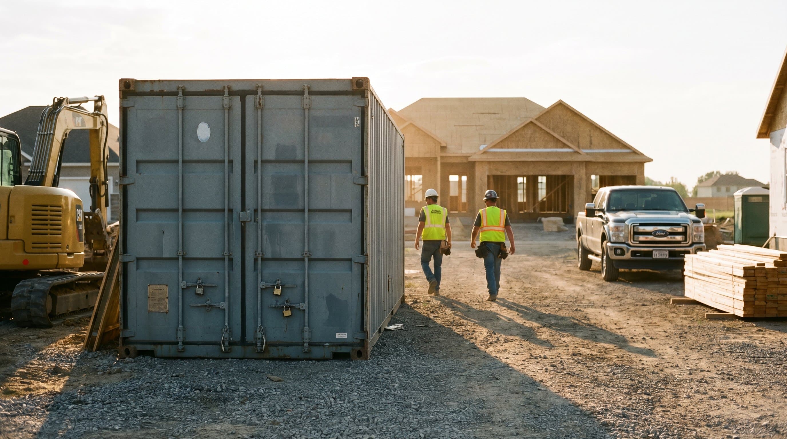 40ft shipping container used as tool and material storage on an active residential construction jobsite with framed new-build home behind in golden-hour light