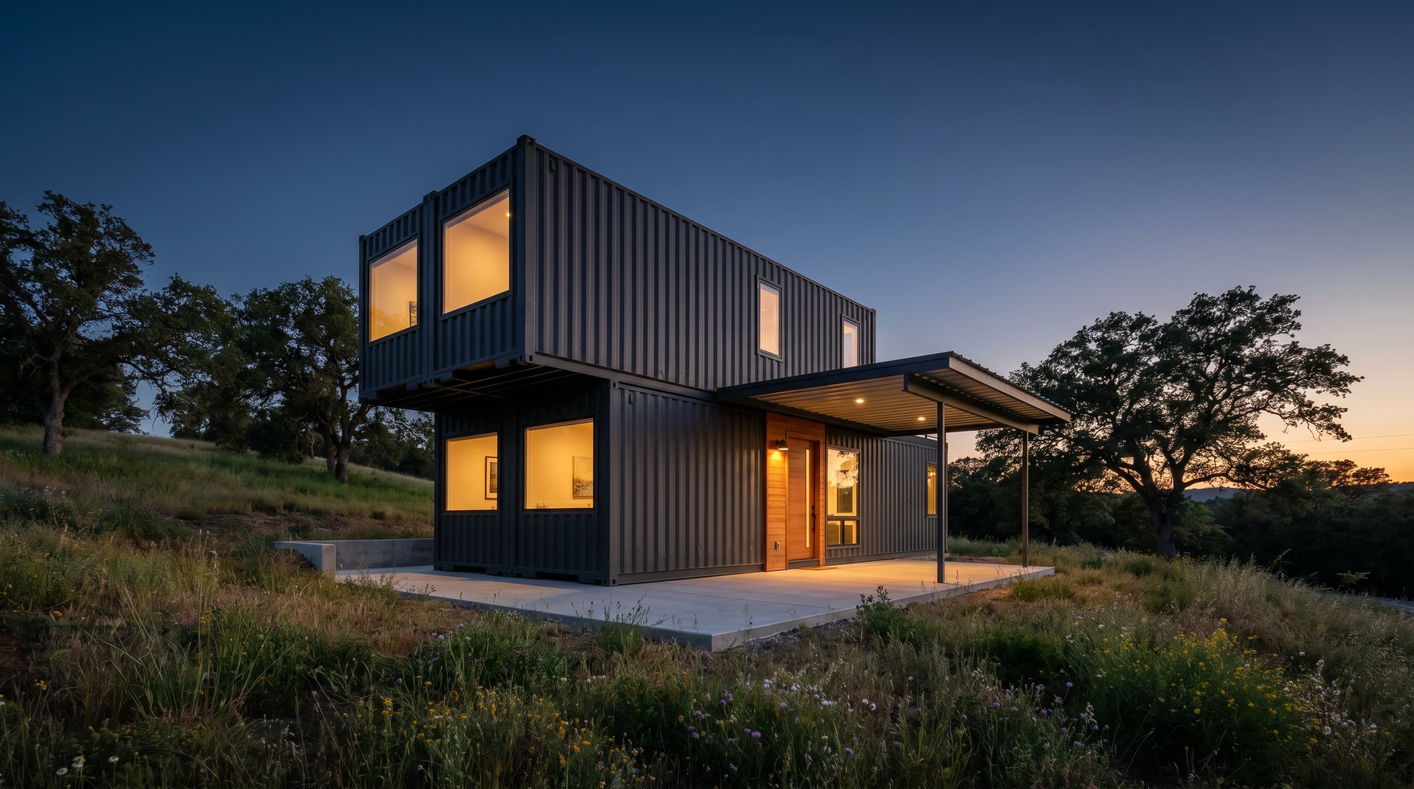 Modern container home built from stacked 40ft shipping containers on a hillside lot at dusk