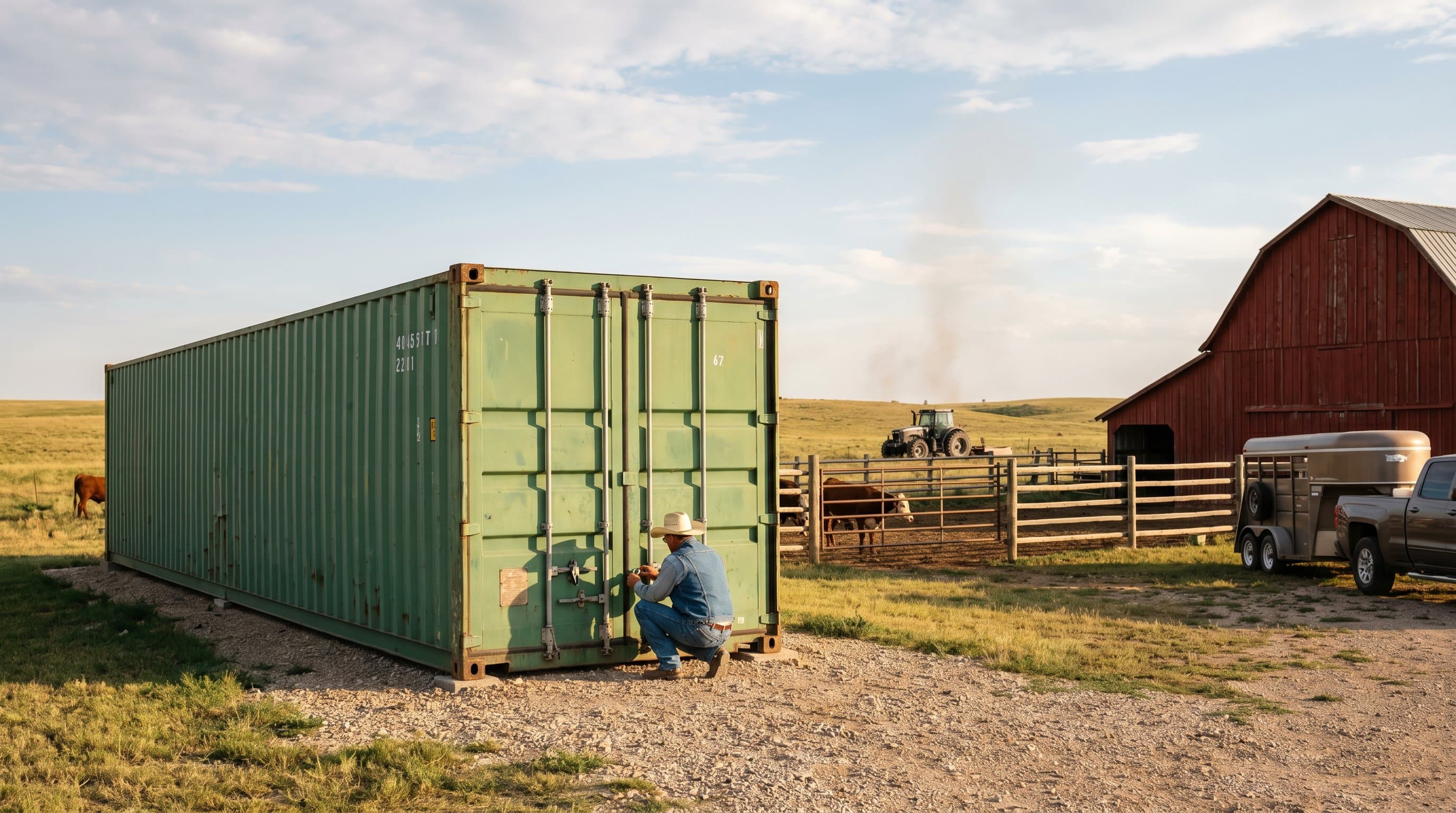40ft shipping container used as a locked, dry barn alternative on a working American cattle ranch with rolling grassland and a rancher checking the padlock